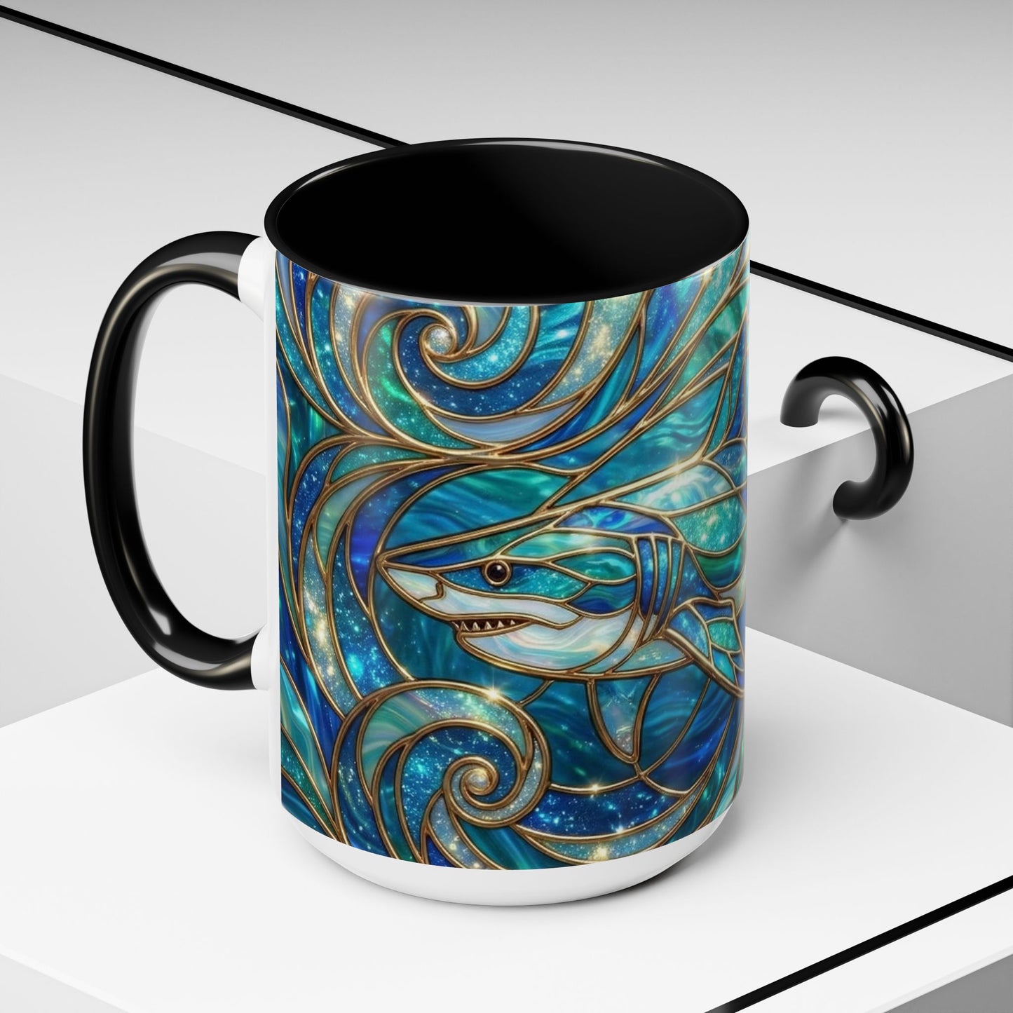 Stained Glass Shark Mug, Ocean Art Coffee Cup, Blue Shark Gift, Sea Life Ceramic Mug, Artistic Shark Design, Marine Lover Gift, Unique Ocean Mug