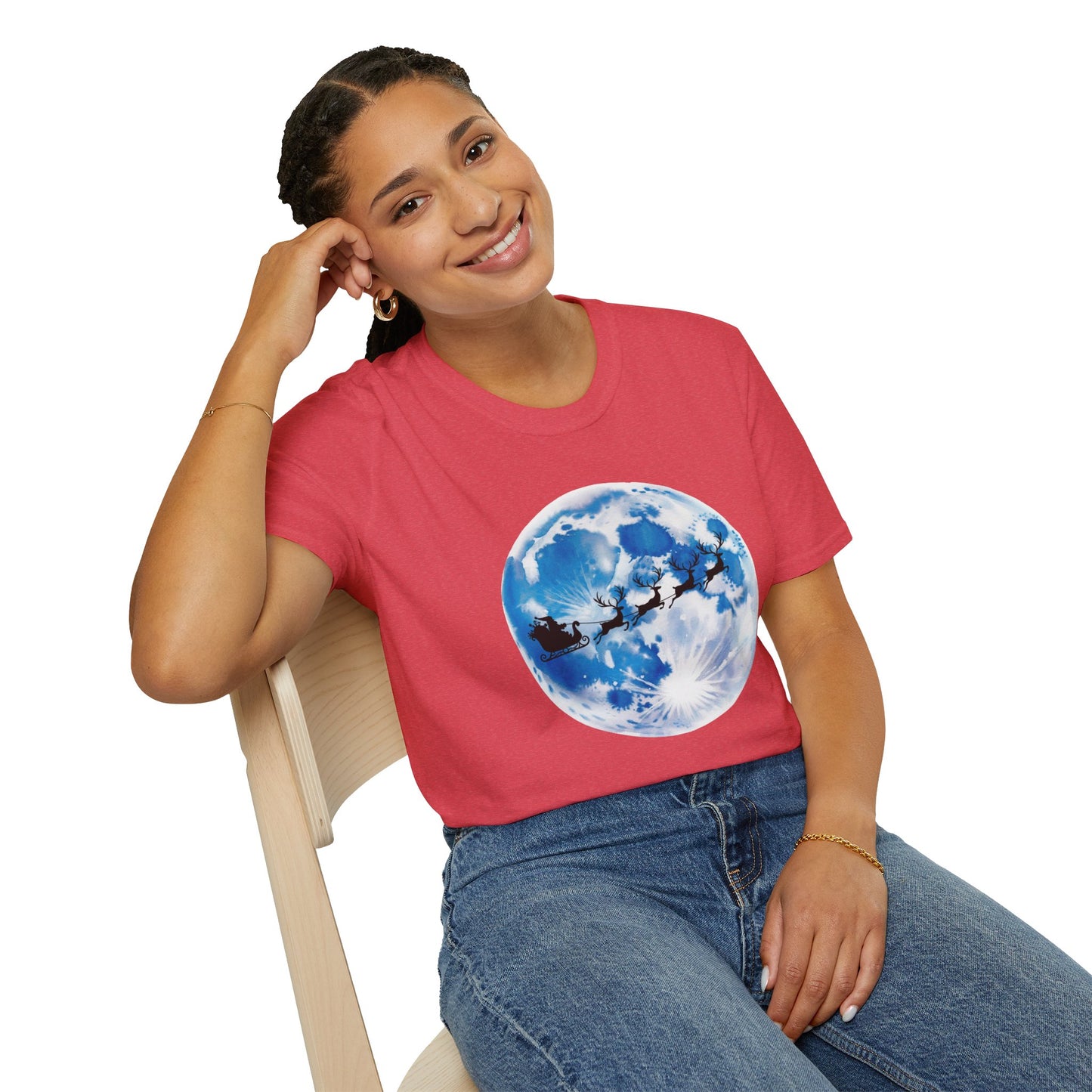 Santa Moon Christmas T-Shirt, Reindeer Sleigh Christmas Tee, Holiday Moonlight Xmas Shirt, Festive Christmas Graphic Tee, Winter Night Christmas Gift Tee