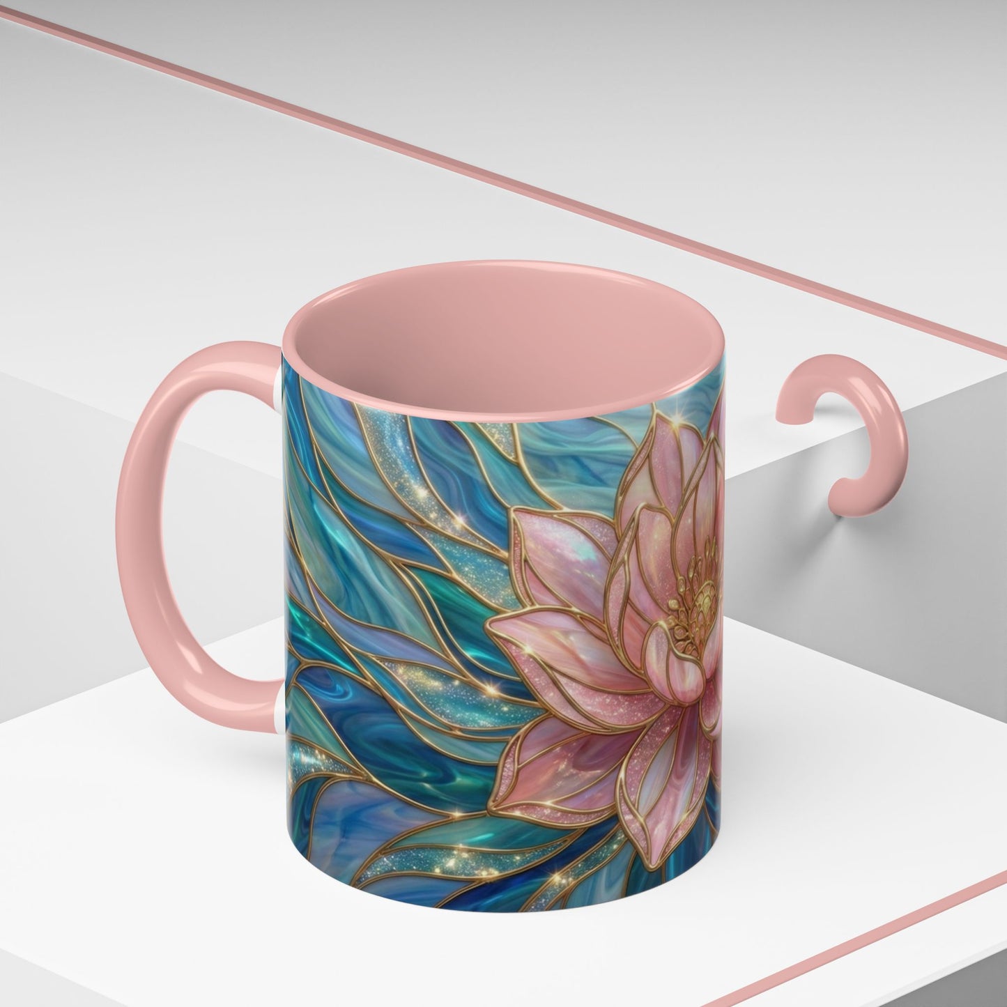 Pink Lotus Flower Mug, Stained Glass Style Coffee Cup, Spiritual Zen Gift For Women, Yoga Lover Tea Mug, Meditation Boho Floral Drinkware