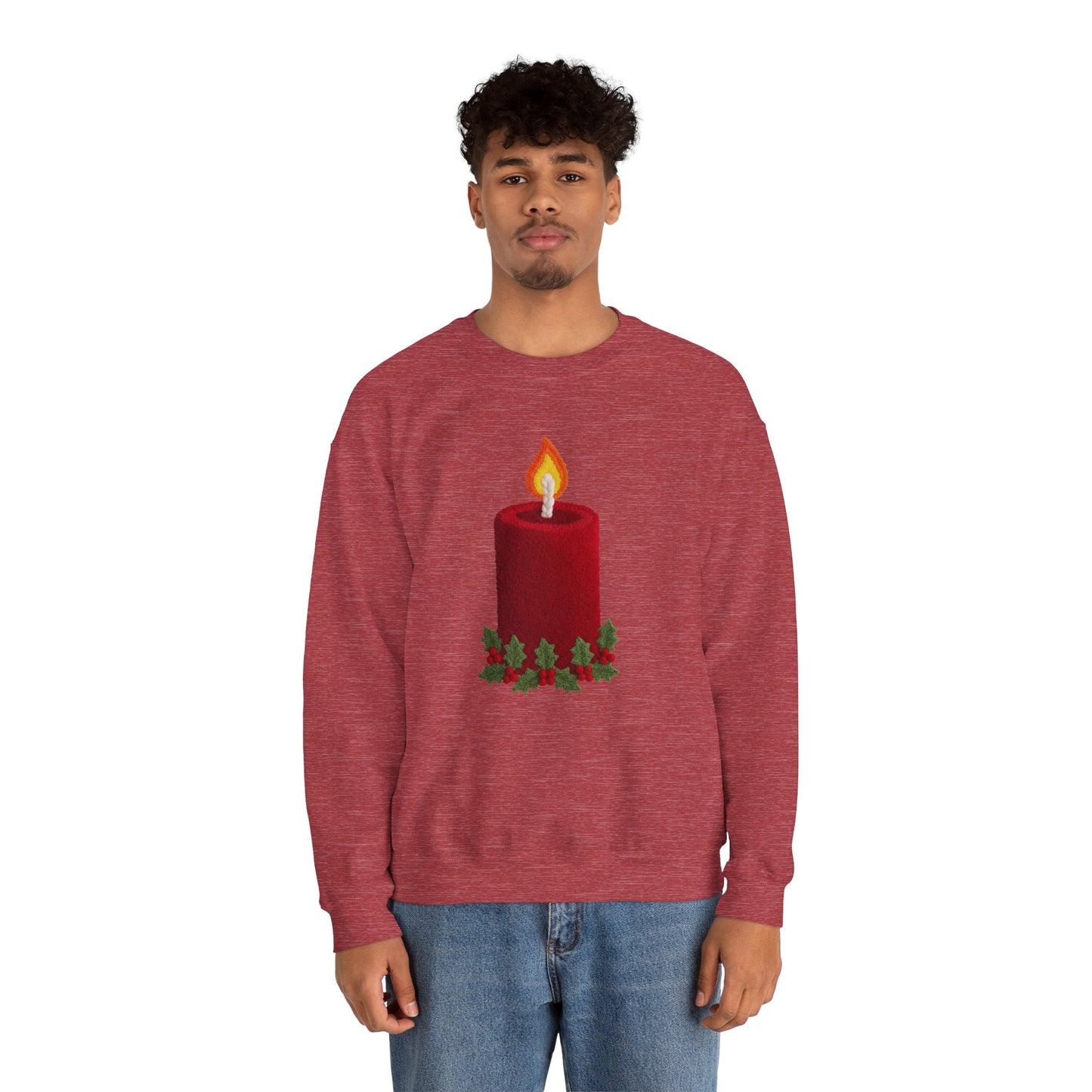 Faux Patchwork Crochet Candle Sweatshirt, Christmas Candle Sweater, Holiday Cozy Winter Crewneck, Cute Xmas Candle Sweatshirt, Unisex Holiday Top