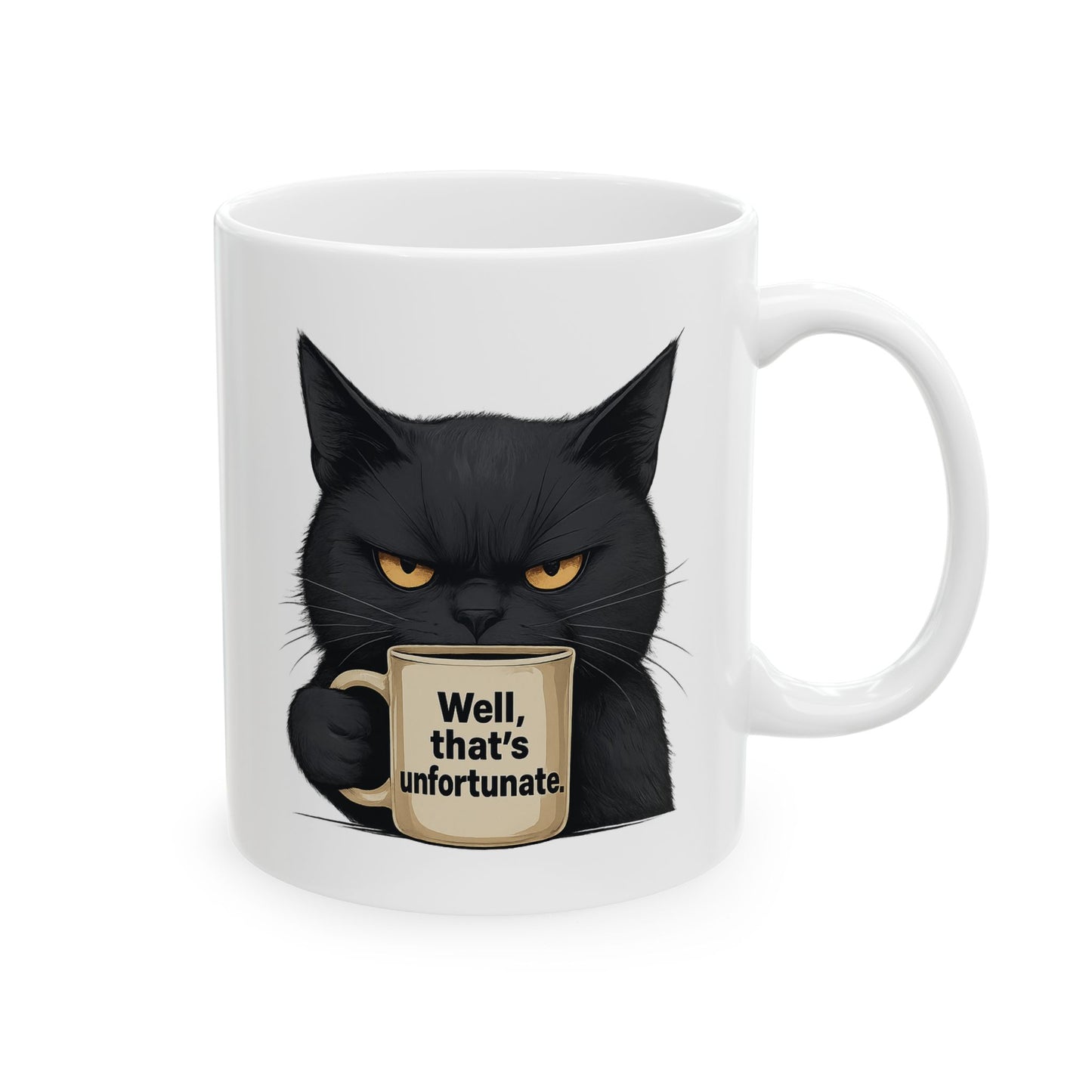 Sarcastic Black Cat Coffee Mug 11 oz or 15oz - “Well, thats unfortunate.” Funny Grumpy Cat Meme Gift, Office Humor, Tea Cup, Sarcasm Lover