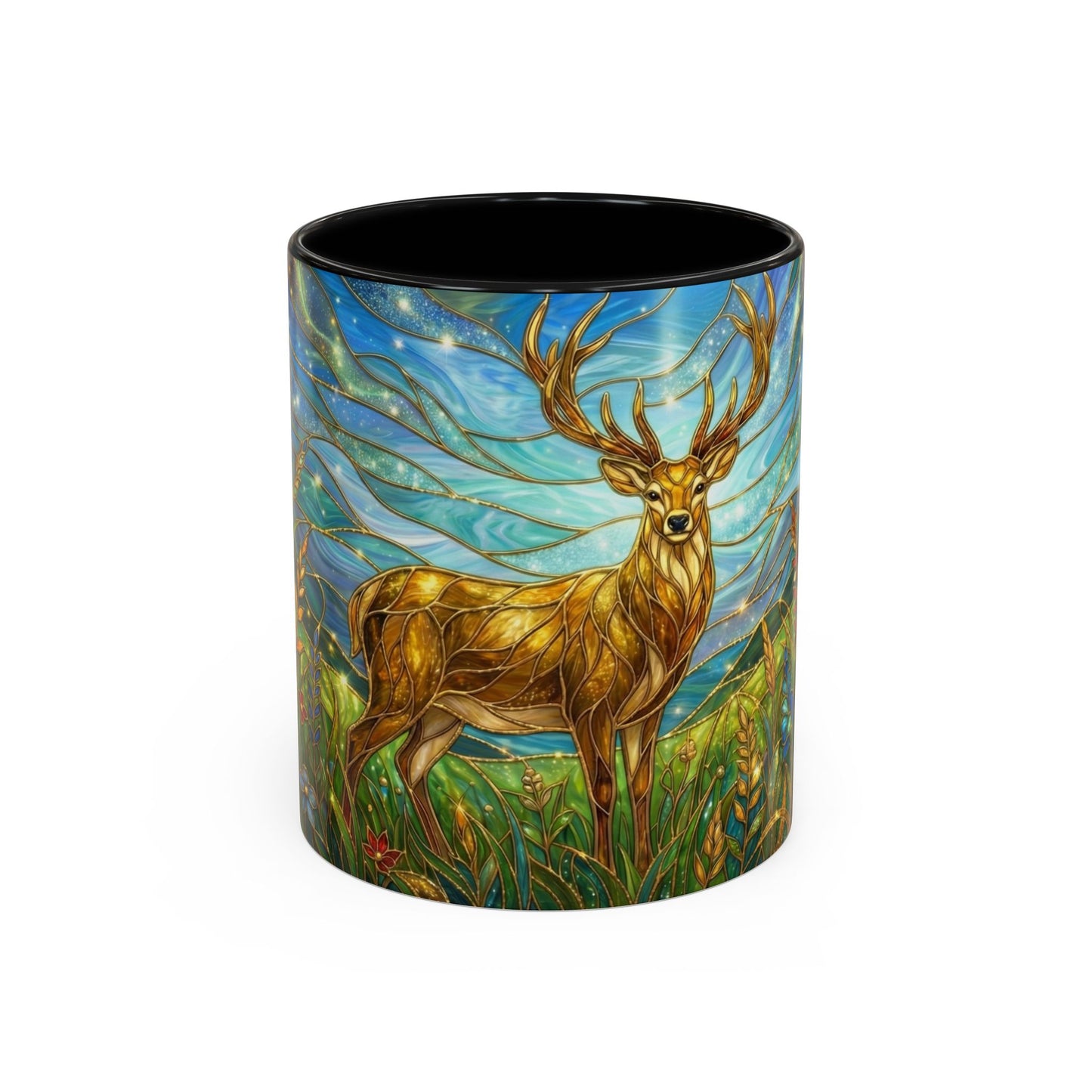 Stained Glass Deer Mug, Woodland Art Coffee Cup, Nature Forest Mug, Blue Green Gold Glass Style Mug, Gift For Nature Lovers Decor