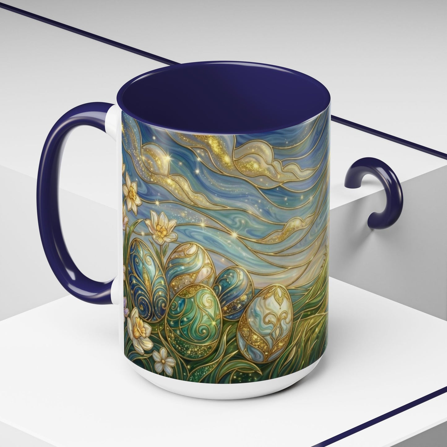 Stained Glass Easter Egg Mug, Magical Spring Floral Coffee Cup, Art Nouveau Fantasy Teacup, Elegant Celestial Starry Sky Mug Gift Idea