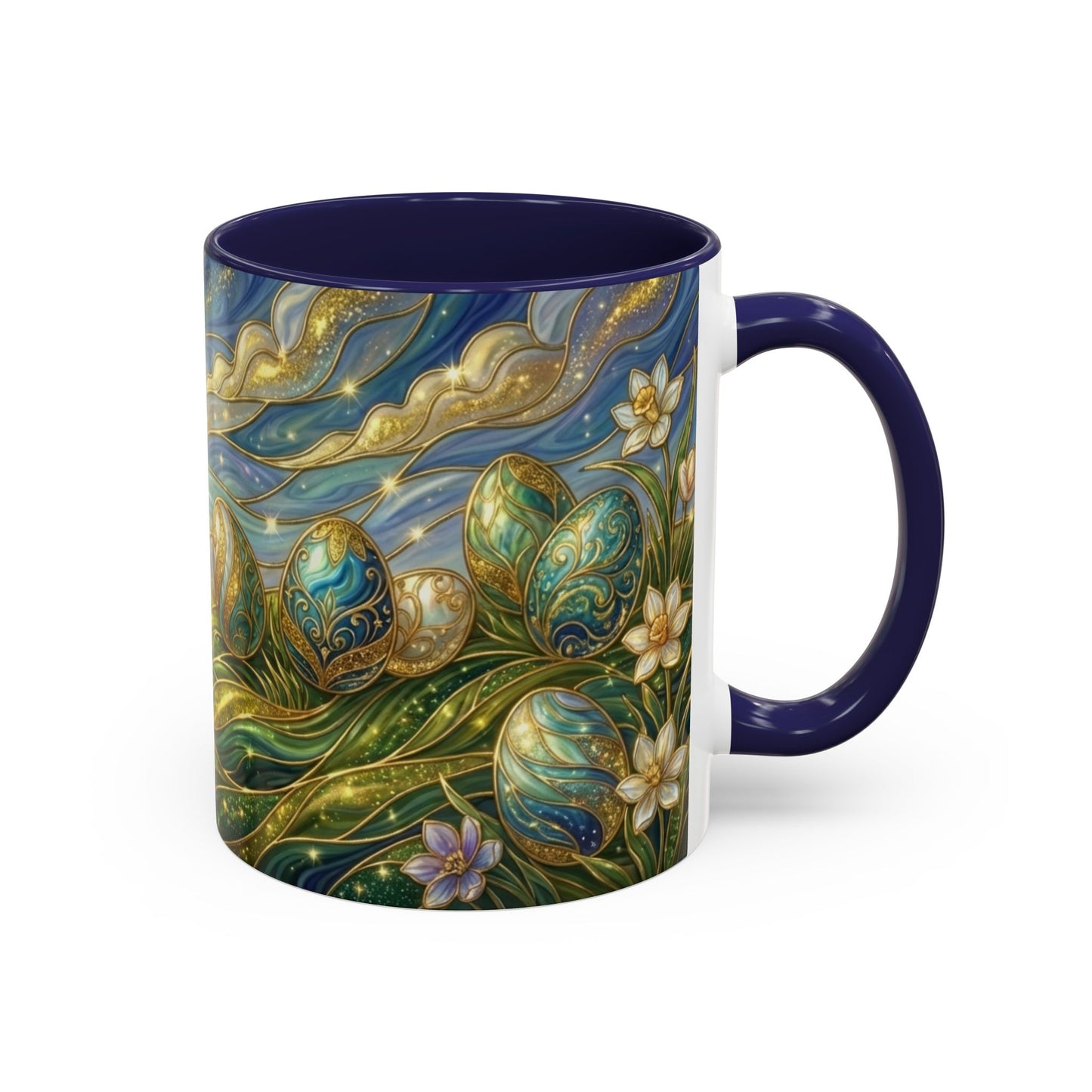 Stained Glass Easter Egg Mug, Magical Spring Floral Coffee Cup, Art Nouveau Fantasy Teacup, Elegant Celestial Starry Sky Mug Gift Idea