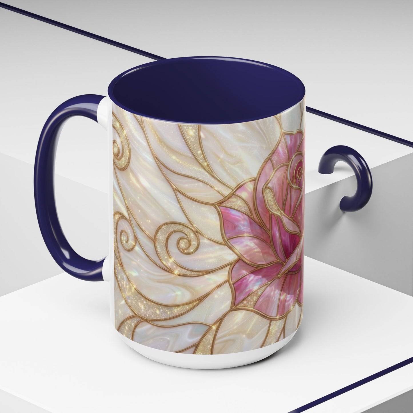 Pink Rose Stained Glass Mug, Gold Floral Coffee Cup, Romantic Flower Tea Cup, Gardener Gift For Mom, Botanical Art, Wife Birthday Gift
