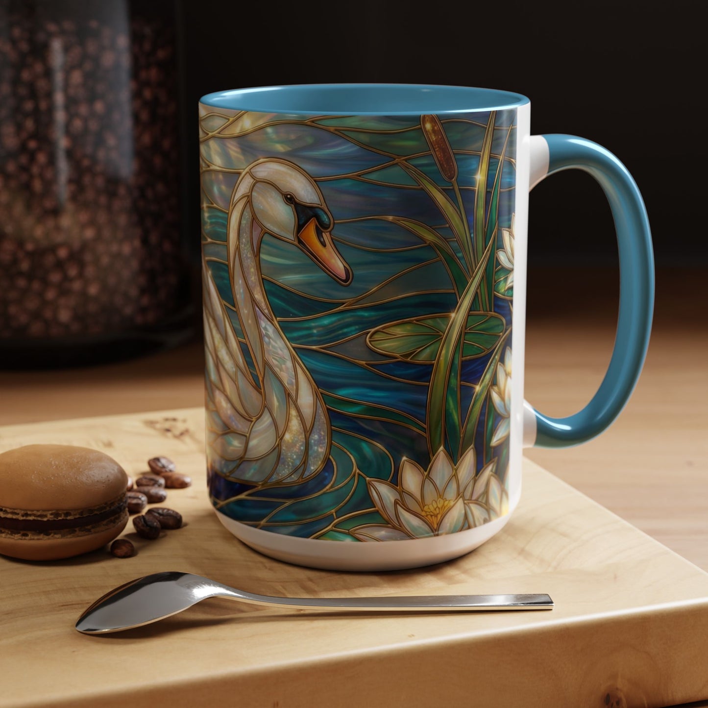 Stained Glass Swan Mug, Swan Coffee Cup, Elegant Swan Art Mug, Nature Decor Gift, Lake Swan Mug, Serene Animal Coffee Cup