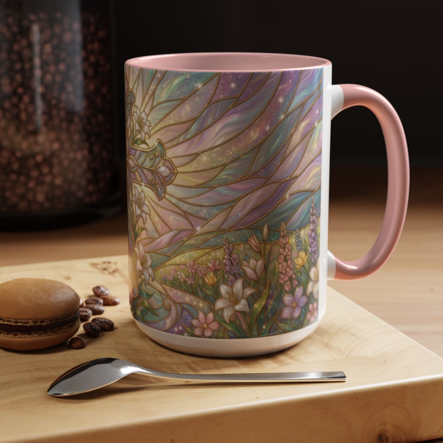 Stained Glass Cross Mug, Easter Lily Coffee Cup, Christian Religious Gift, Pastel Floral Faith Mug, Spring Believer Cup, Baptism Present