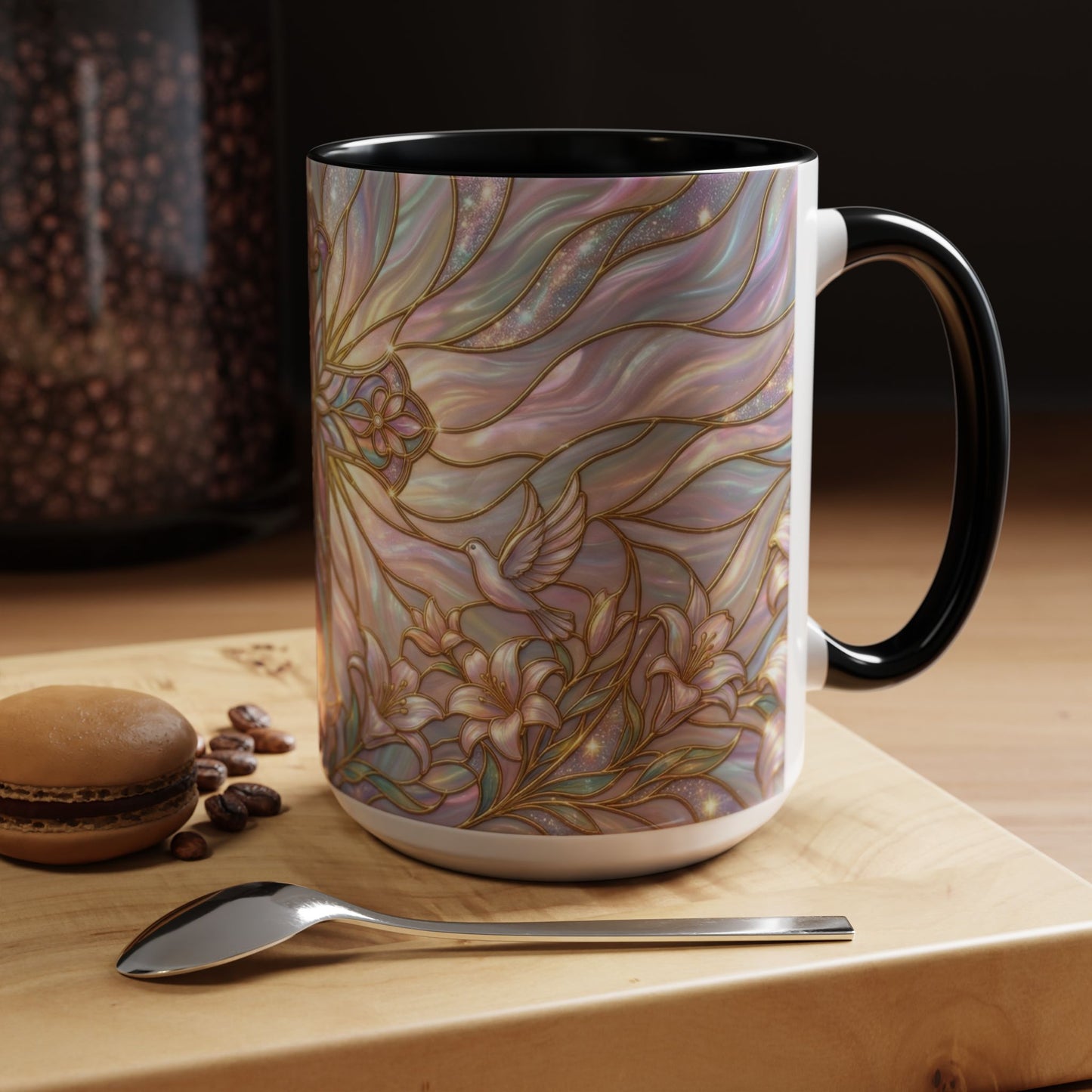Stained Glass Cross Mug, Easter Lily Coffee Cup, Christian Gift for Women, Pastel Religious Drinkware, Dove and Faith Cup, Spiritual