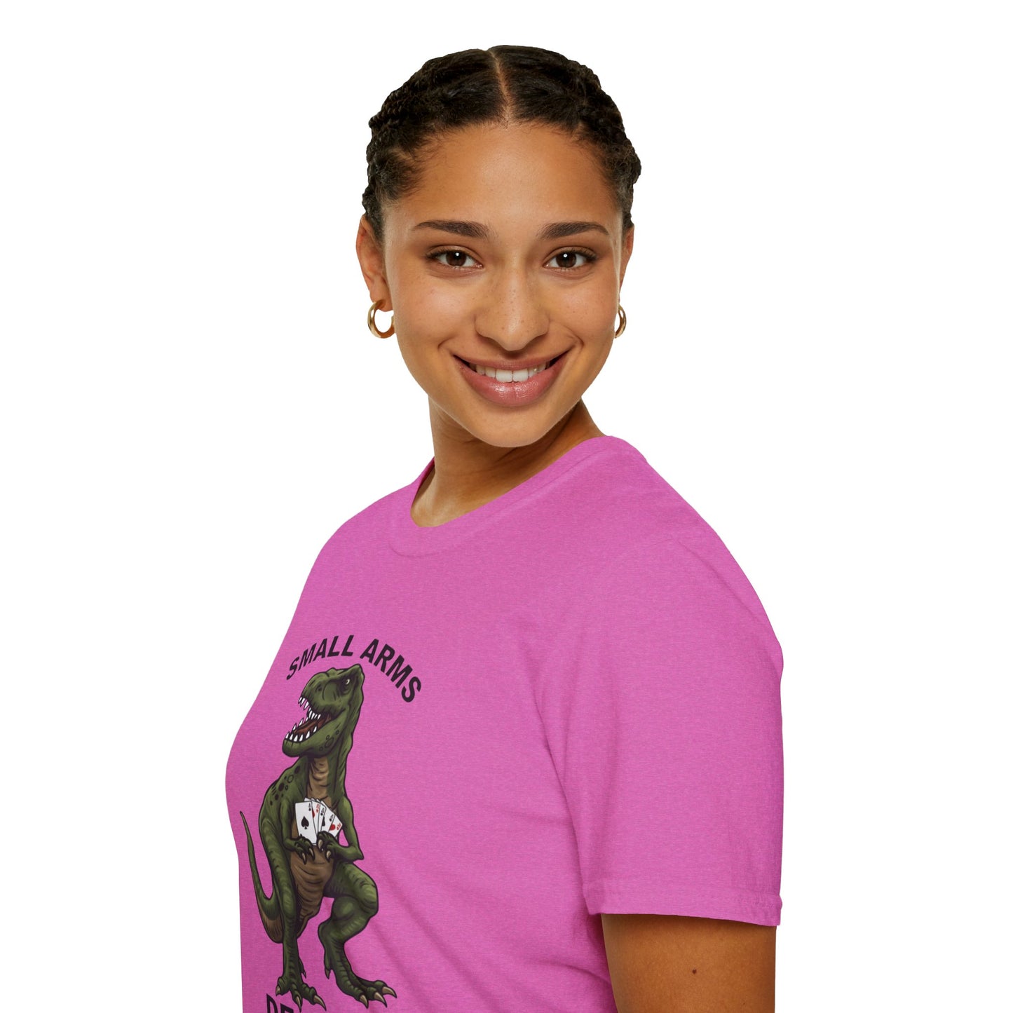Funny Small Arms Dealer T-Rex Shirt, Dinosaur Pun Tee, Hilarious Graphic T-Shirt for Men & Women, Great Gift for Dad, Friend, or Coworker