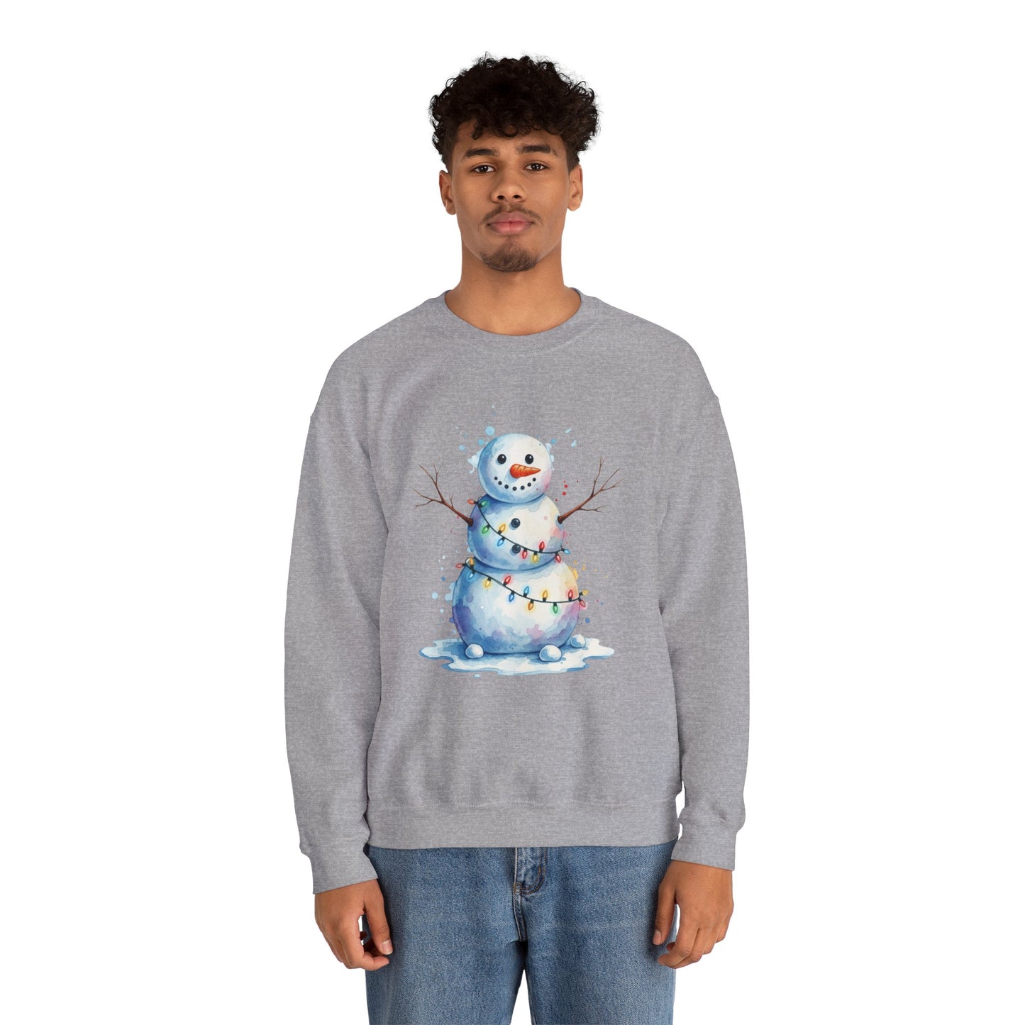 Watercolor Snowman Christmas Sweatshirt, Cute Snowman Crewneck for Winter, Holiday Lights Snowman Sweater, Cozy Unisex Christmas Gift