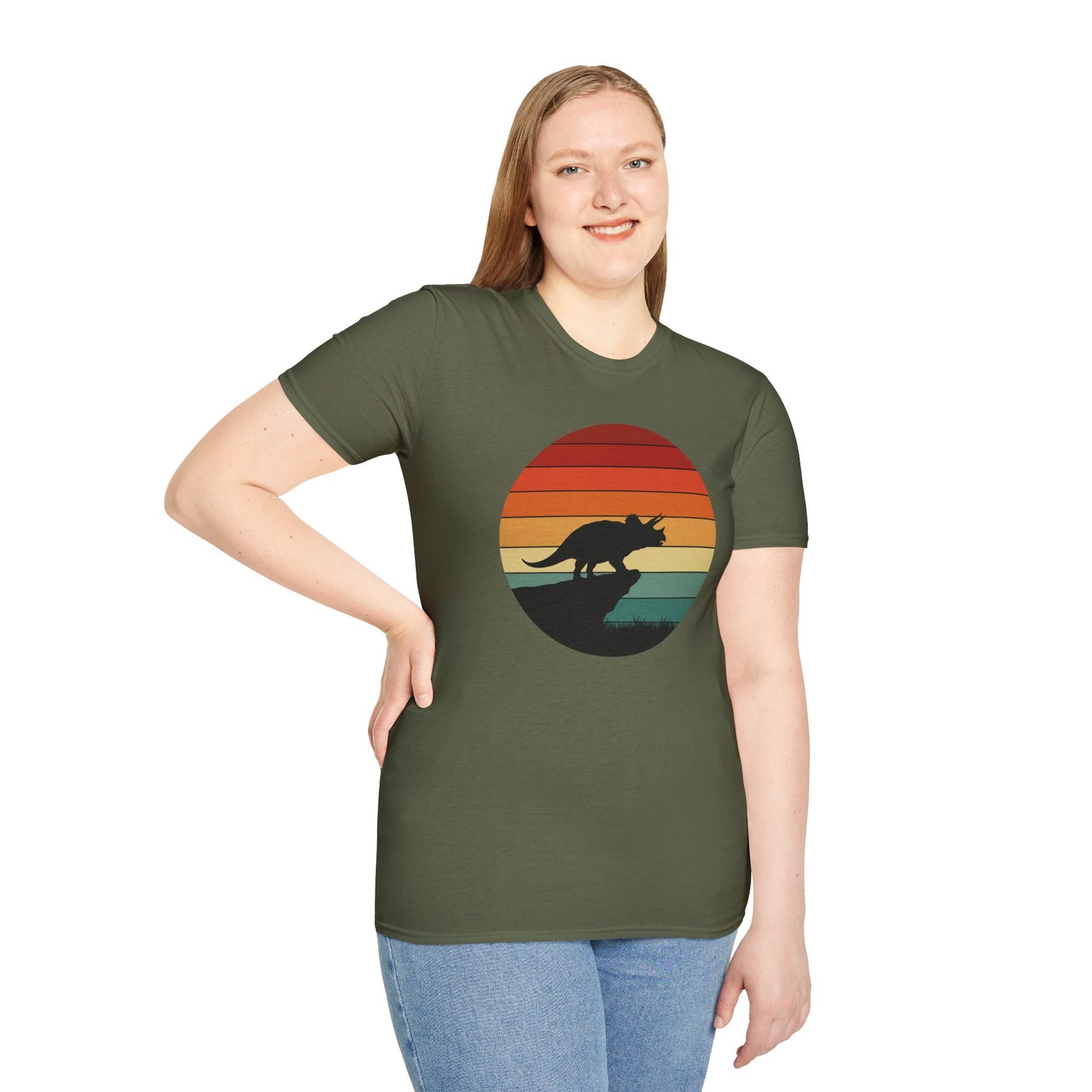 Retro Triceratops Sunset T-Shirt - Vintage Dino Graphic Tee - Unisex Softstyle Dinosaur Shirt - Nature and Prehistoric Lover Gift