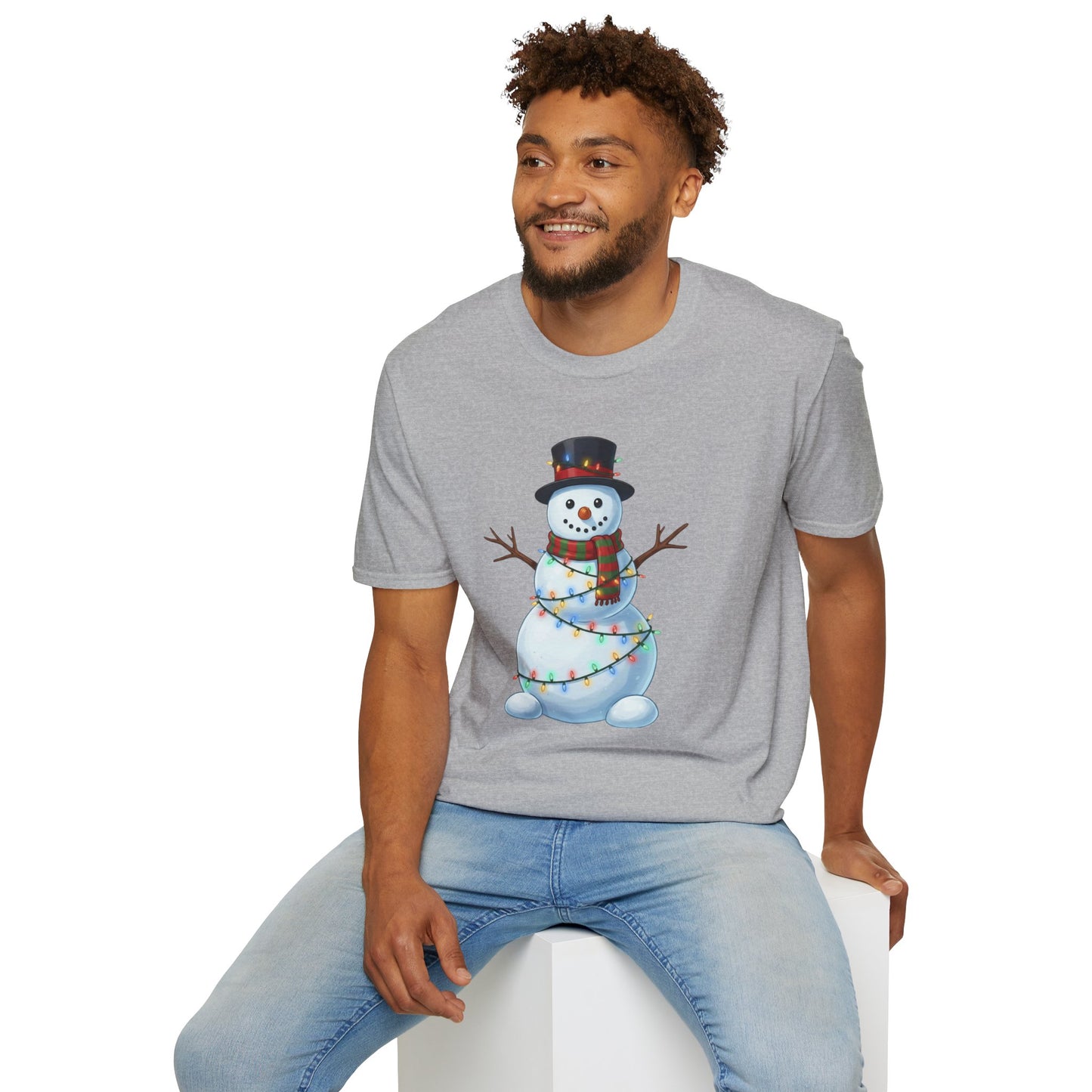 Cute Snowman Christmas Shirt, Snowman Wrapped in Christmas Lights Tee, Holiday Winter Snowman Top Hat Shirt, Funny Cozy Christmas T Shirt