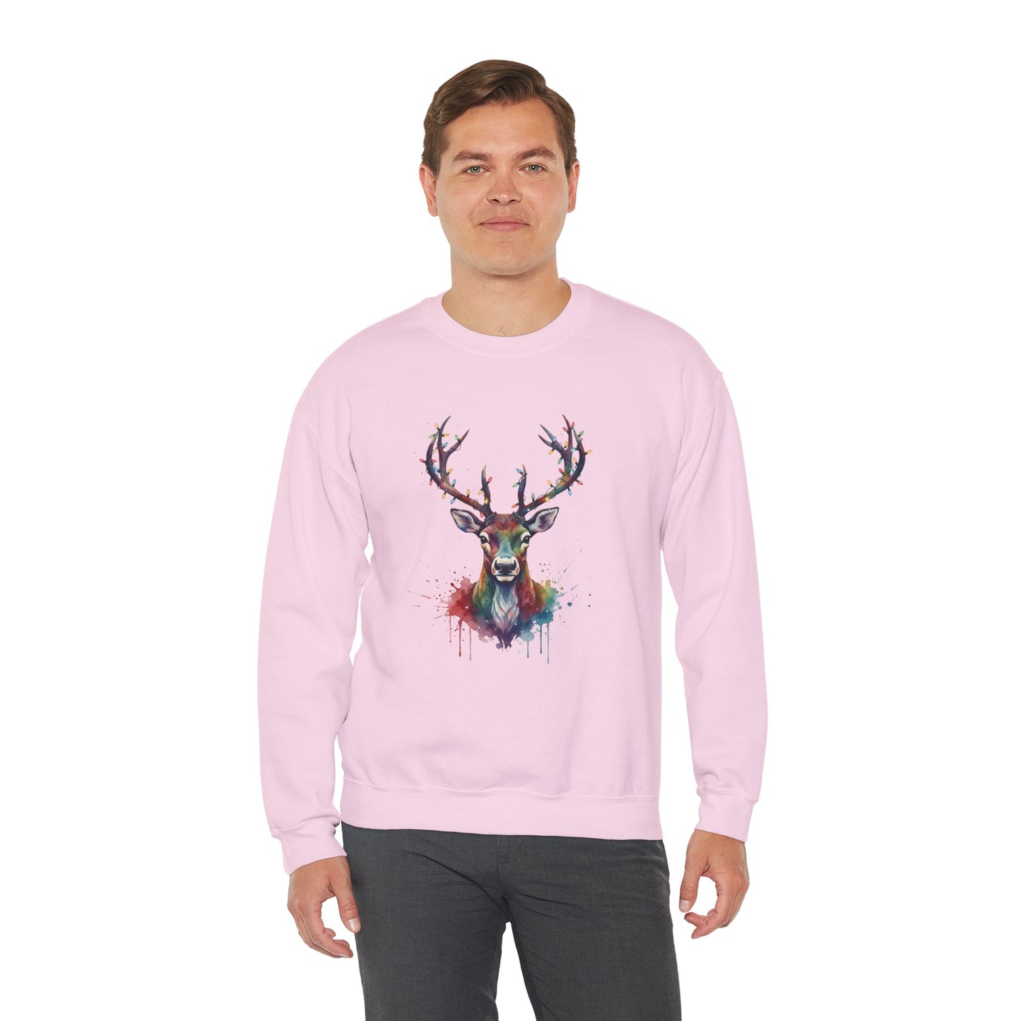 Colorful Reindeer Christmas Sweatshirt, Holiday Deer Lights Sweater, Watercolor Winter Crewneck, Festive Cozy Gift For Him Or Her