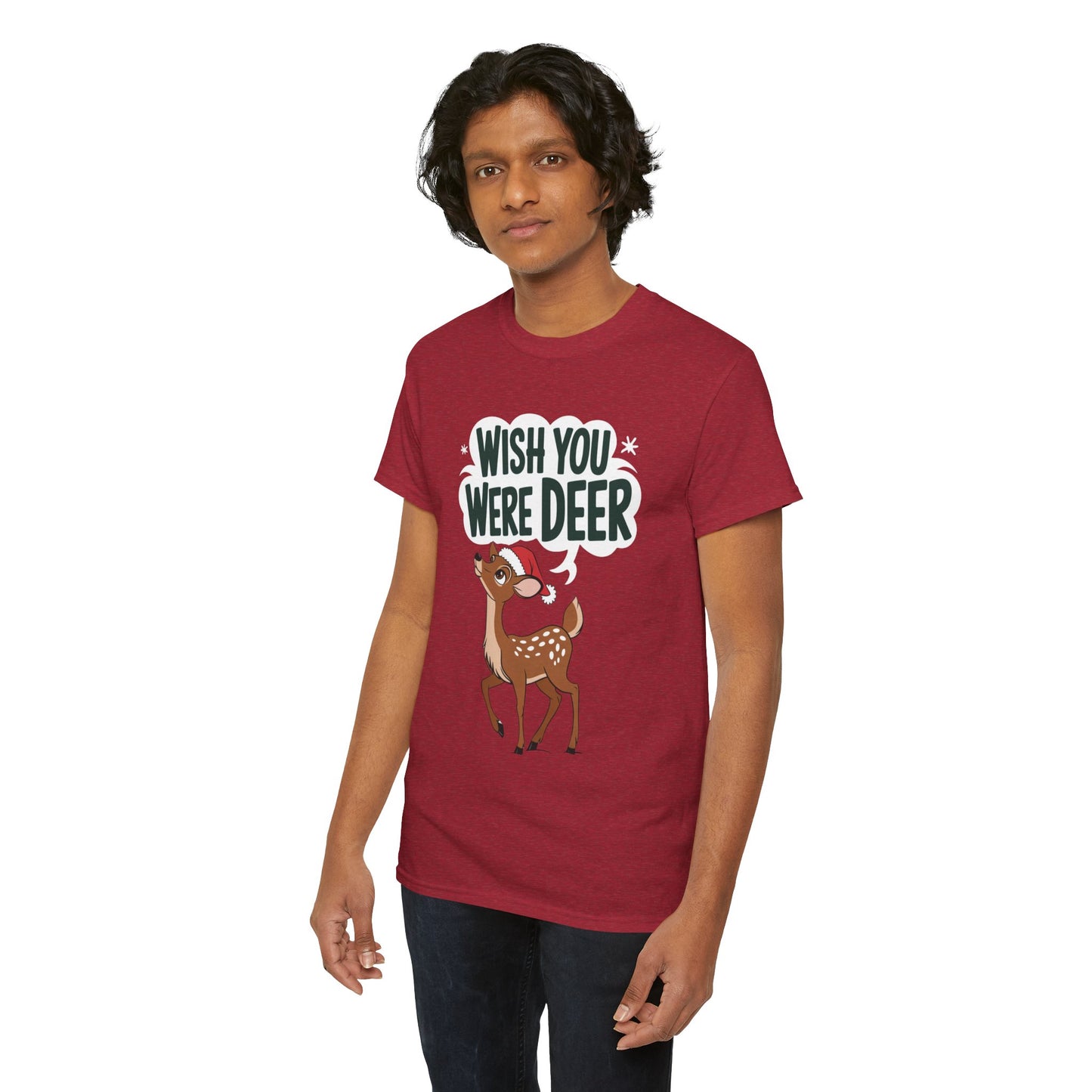Wish You Were Deer Funny Christmas T-Shirt, Cute Reindeer Holiday Tee, Pun Christmas Shirt, Festive Santa Hat Deer Graphic Tee Gift