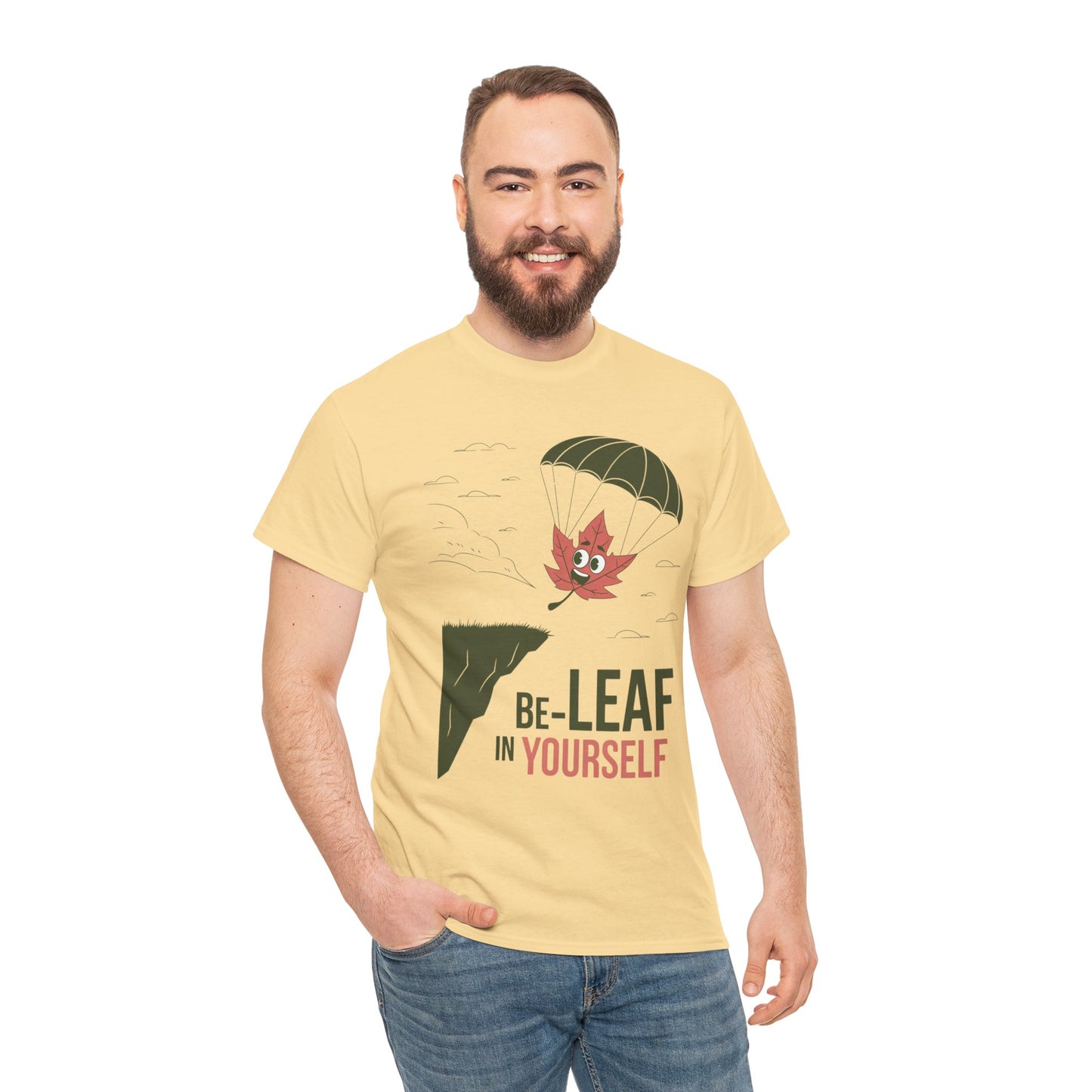 Be-Leaf In Yourself Maple Leaf Parachute T-Shirt | Funny Motivational Nature Graphic Tee | Self-Love Fall Autumn Shirt | Outdoorsy Gift