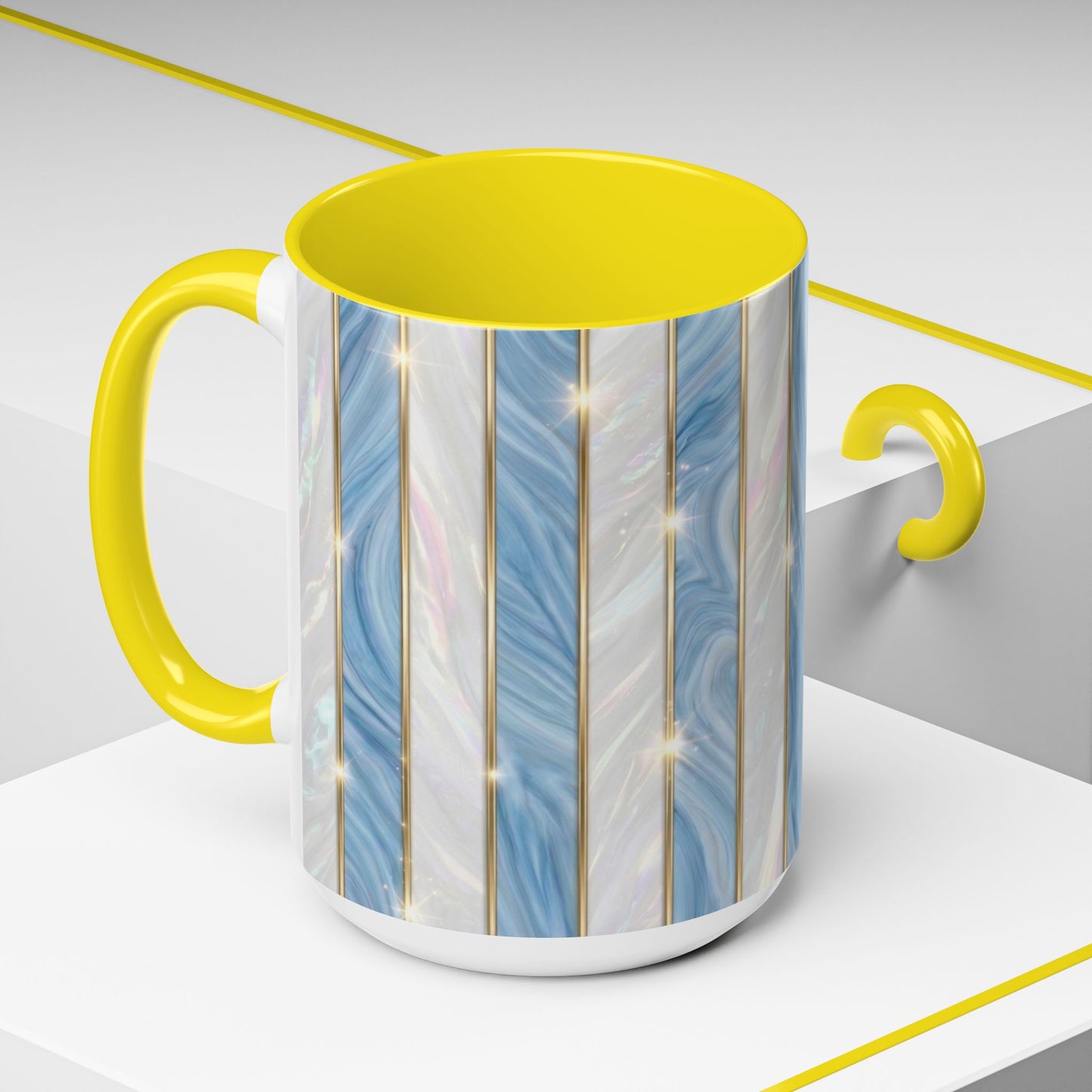 Faux Stained Glass Mug, Blue Pearlescent Coffee Cup, Art Deco Stained Glass Decor, Elegant Gold Stripe Teacup, Unique Art Gift For Her