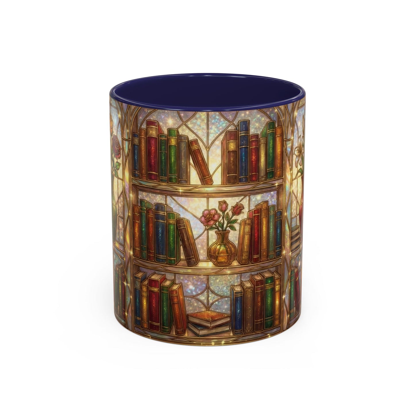 Stained Glass Books Mug, Book Lover Coffee Mug, Cozy Library Mug, Bookish Gift For Readers, Dark Academia Mug, Floral Bookshelf Cup