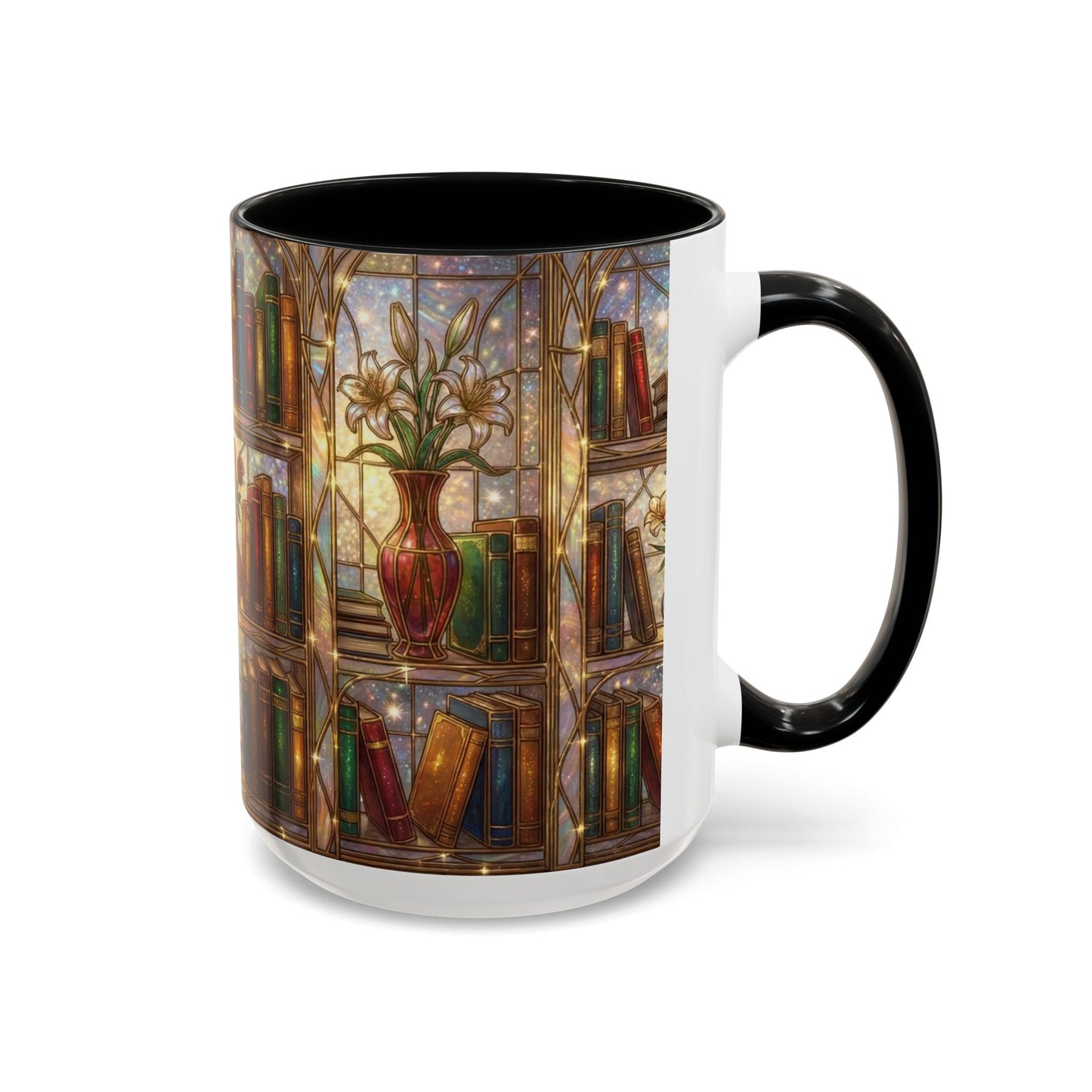Stained Glass Books Mug, Book Lover Coffee Mug, Cozy Library Mug, Bookish Gift For Readers, Dark Academia Mug, Floral Bookshelf Cup