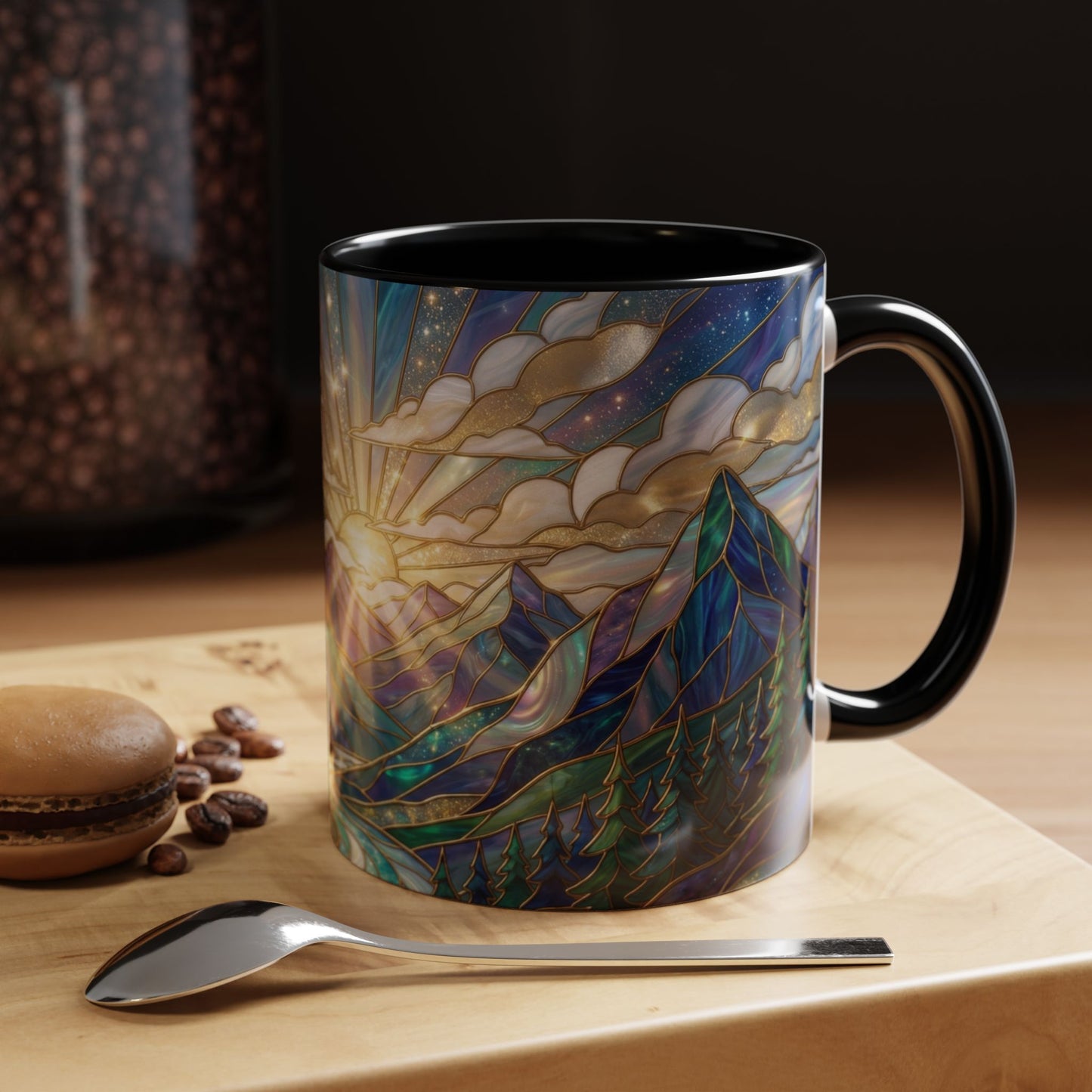 Mountain Art Mug, Scenic Mountain Coffee Cup, Nature Lover Ceramic Mug, Stained Glass Style Landscape, 11oz 15oz Gift, Outdoor Hiking Mug, Unique Coffee Tea Cup
