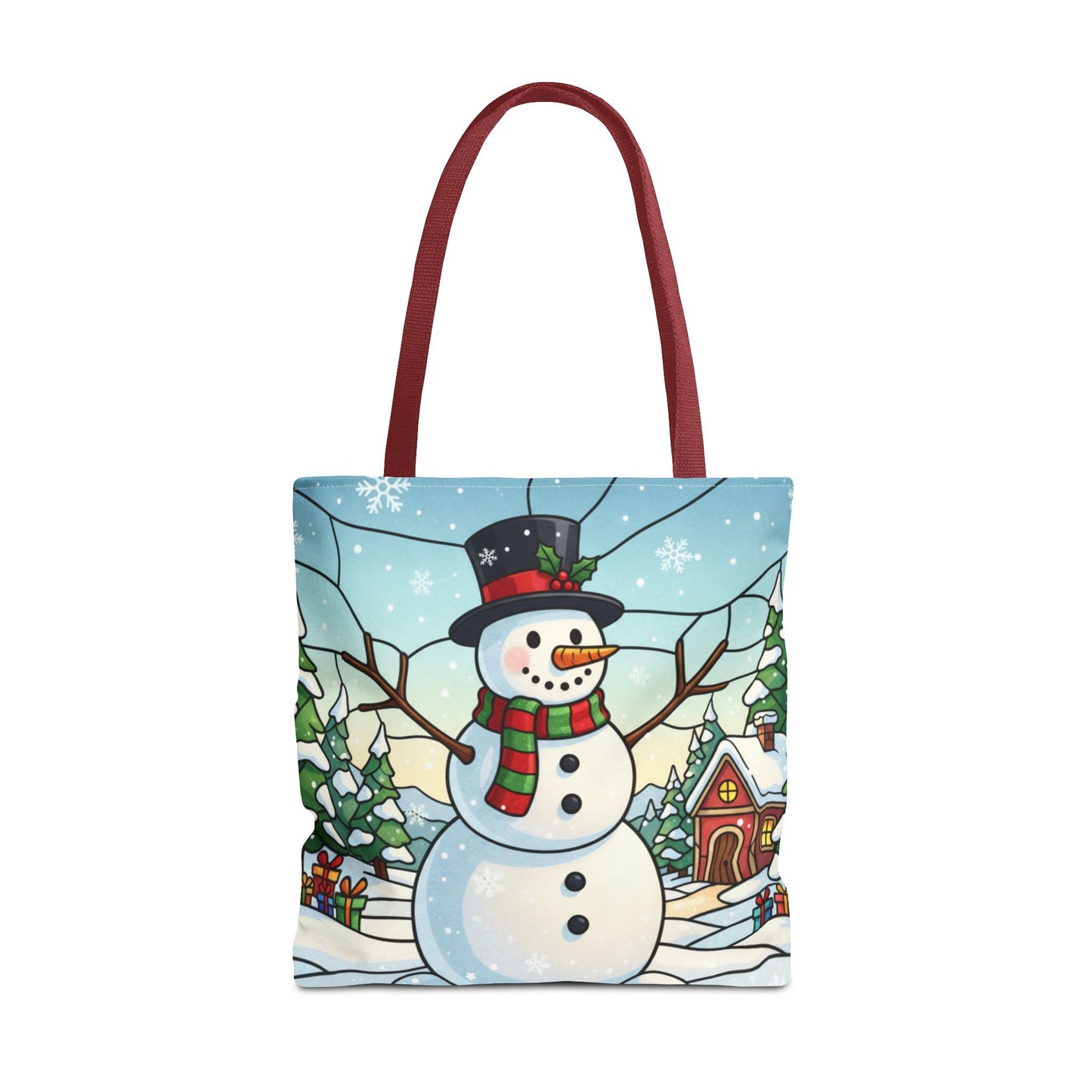 Stained Glass Snowman Christmas Tote Bag, Holiday Art Tote, Festive Winter Gift Bag, Colorful Christmas Scene Reusable Shopping Bag
