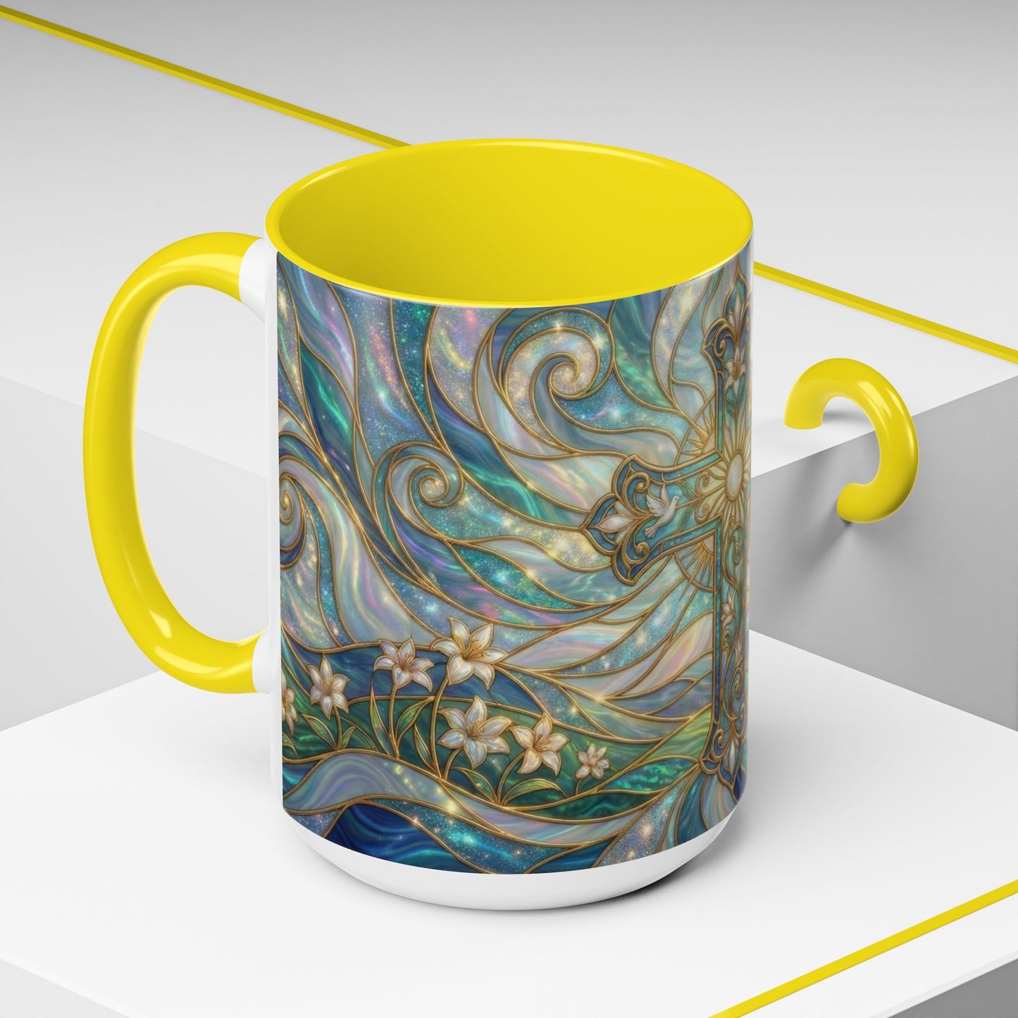Stained Glass Cross Mug, Christian Coffee Cup, Religious Easter Gift, Celestial Faith Mug, Spiritual Sunrise Cup, Dove Lily Print Mug
