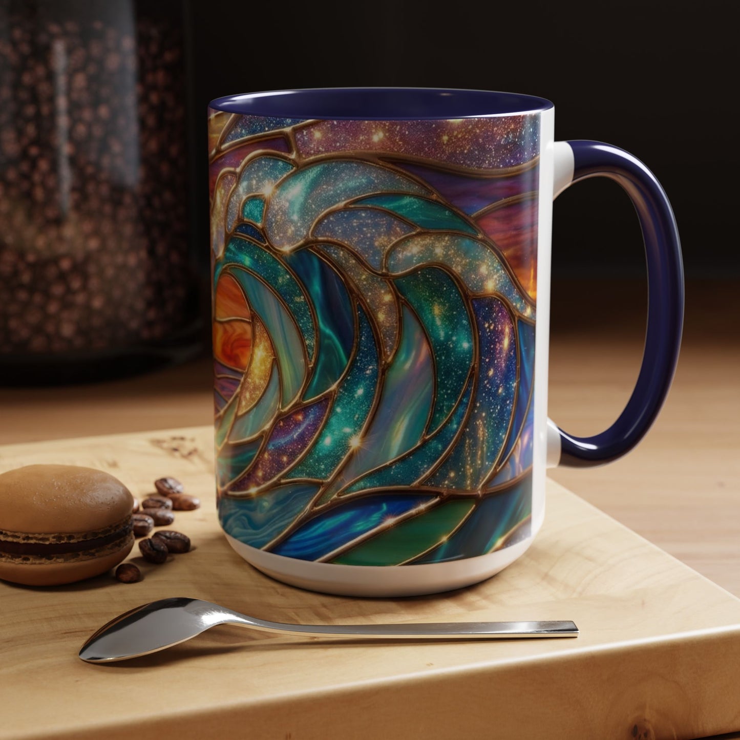 Stained Glass Wave Mug, Cosmic Ocean Coffee Cup, Celestial Sunrise Tea Mug, Surfer Beach Decor Gift, Starry Sea Art, Ocean Lover Cup