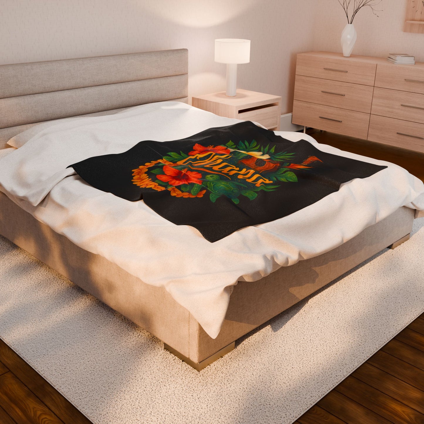 Ohana Hawaiian Blanket - Tropical Floral Turtle Ukulele Throw - Polynesian Island Bedding - Hawaii Gift - Cozy Beach Vibes Decor