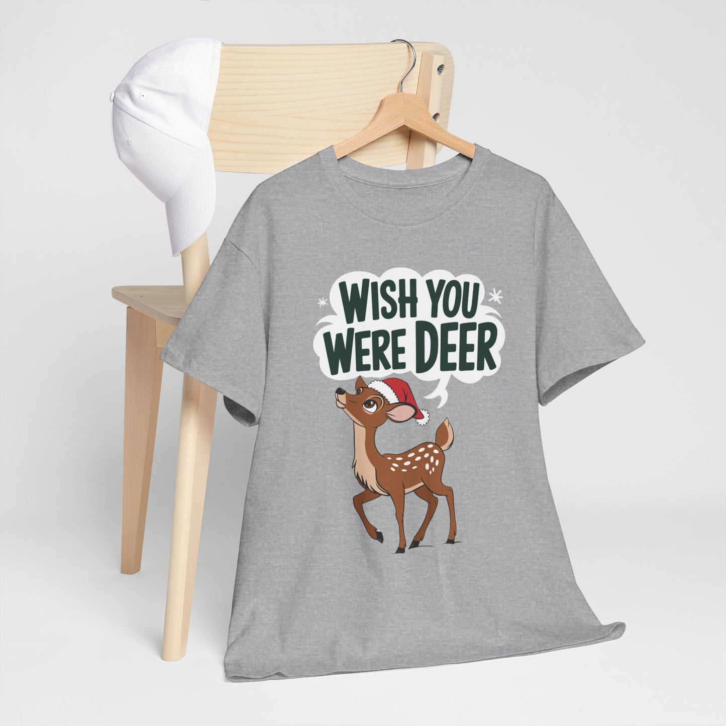 Wish You Were Deer Funny Christmas T-Shirt, Cute Reindeer Holiday Tee, Pun Christmas Shirt, Festive Santa Hat Deer Graphic Tee Gift