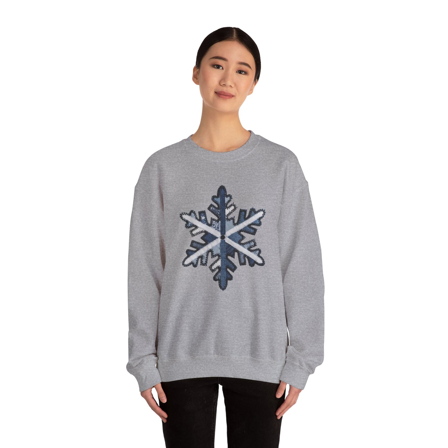 Faux Patchwork Snowflake Sweatshirt, Winter Snowflake Crewneck, Cozy Christmas Sweatshirt, Holiday Patchwork Sweater, Winter Gift