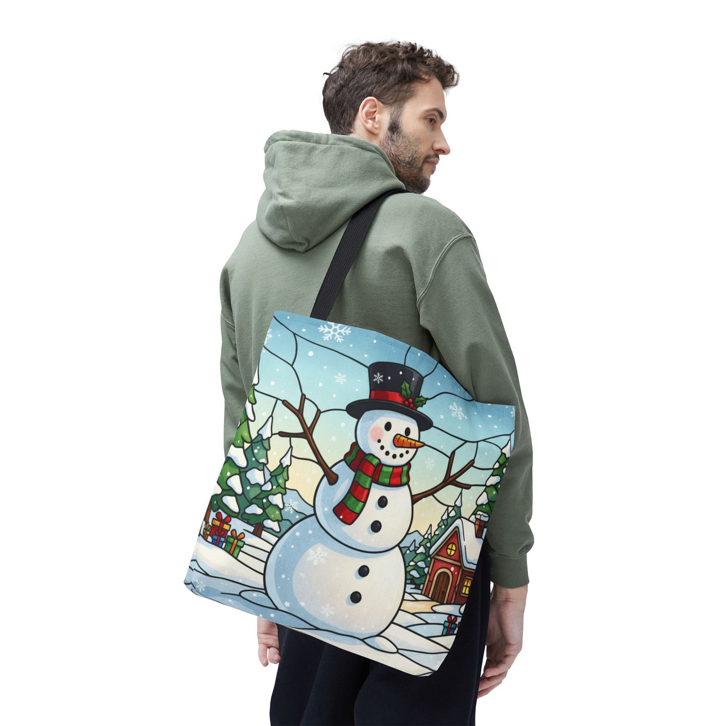 Stained Glass Snowman Christmas Tote Bag, Holiday Art Tote, Festive Winter Gift Bag, Colorful Christmas Scene Reusable Shopping Bag