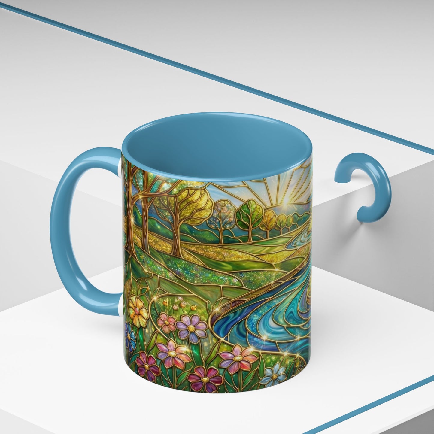 Stained Glass Mug, River Landscape Coffee Cup, Nature Lover Gift, Floral Tea Mug, Gardener Present, Art Teacher Gift, Colorful Scenery Cup