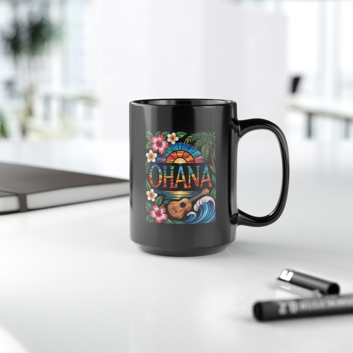 Ohana Mug Hawaiian Coffee Cup Tropical Sunset, Hibiscus Flowers, Ukulele, Aloha Gift