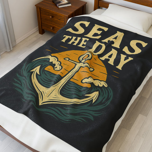 Seas the Day Blanket – Nautical Anchor Throw, Coastal Fleece Blanket, Ocean Sunset Gift