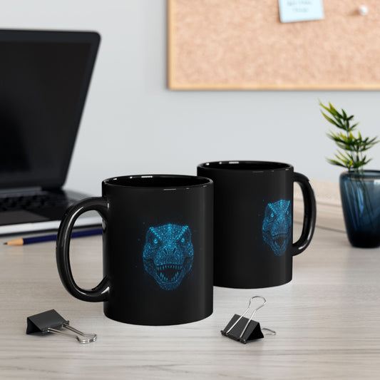 Galaxy Dinosaur Coffee Mug • Neon Blue T-Rex Cup • Cosmic Dinosaur Art Mug • Sci-Fi Dino Gift • Black Ceramic Coffee Mug 11oz 15oz
