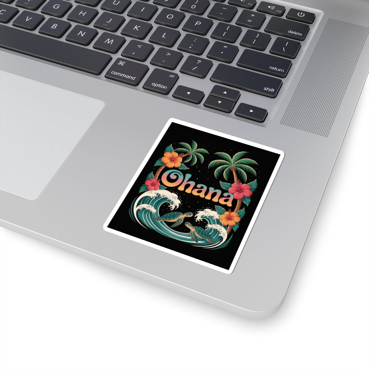 Ohana Sticker – Retro Hawaiian Sea Turtle Decal with Palm Trees & Waves – Waterproof Vinyl Laptop or Water Bottle Tropical Gift