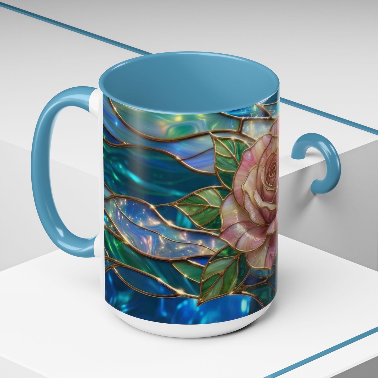 Stained Glass Rose Mug, Pink Flower Coffee Cup, Fantasy Floral Tea Cup, Magical Garden Gift, Galaxy Rose Art, Botanical Lover Present