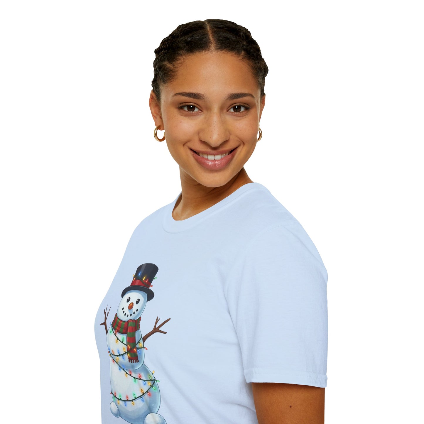 Cute Snowman Christmas Shirt, Snowman Wrapped in Christmas Lights Tee, Holiday Winter Snowman Top Hat Shirt, Funny Cozy Christmas T Shirt