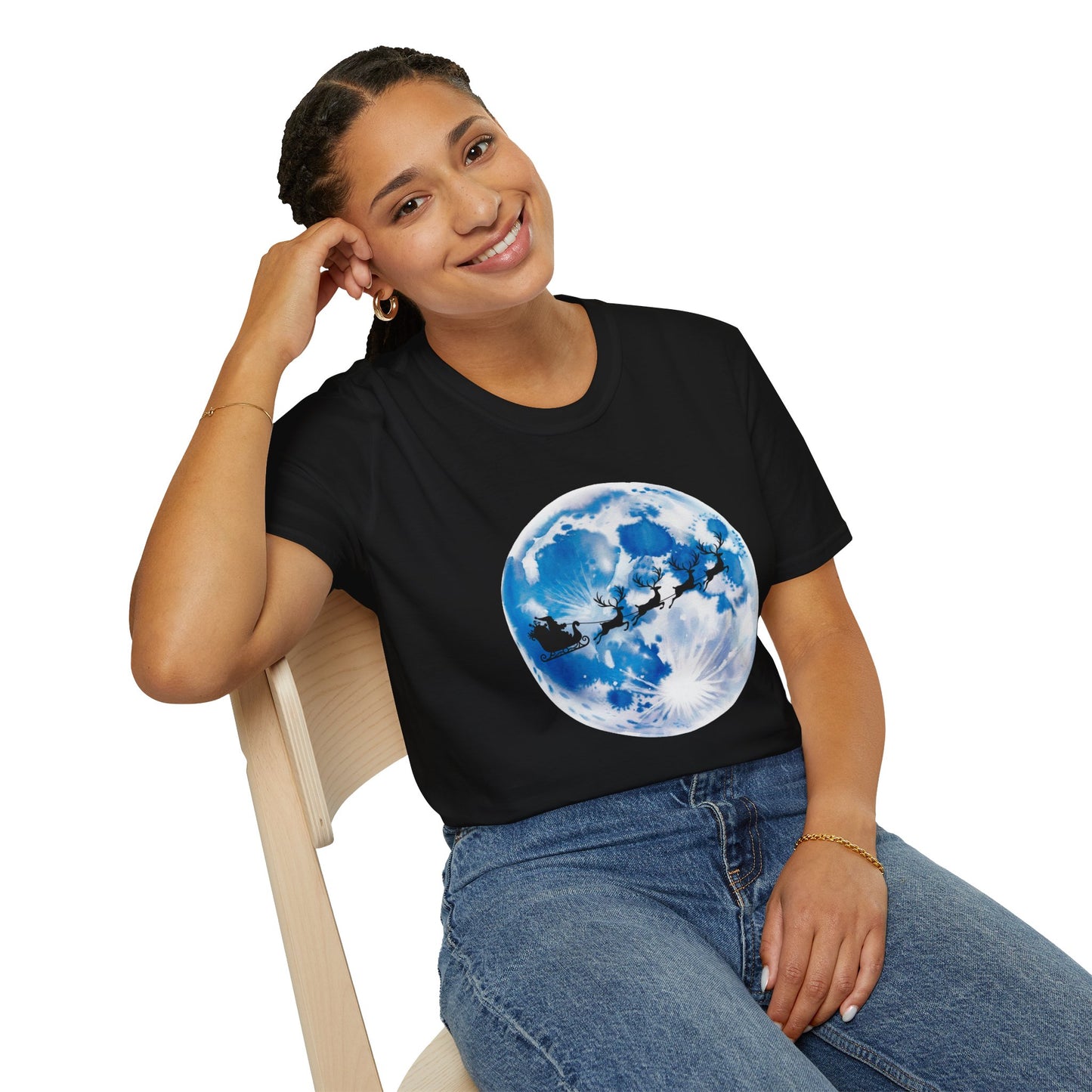 Santa Moon Christmas T-Shirt, Reindeer Sleigh Christmas Tee, Holiday Moonlight Xmas Shirt, Festive Christmas Graphic Tee, Winter Night Christmas Gift Tee
