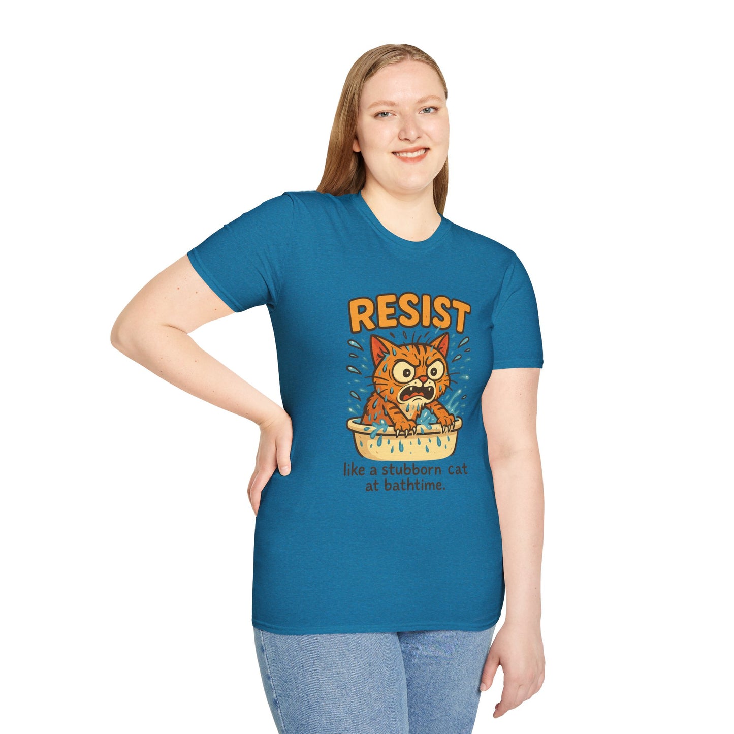 Resist Like A Stubborn Cat At Bathtime Funny Cat Lover Graphic Tee - Quirky Self Care Shirt - Gift For Pet Moms, Dads and Humor Fans
