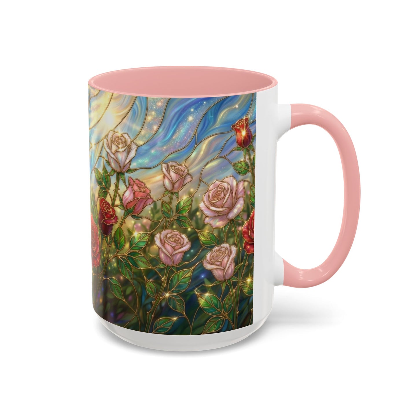 Stained Glass Rose Garden Mug, Floral Rose Coffee Cup, Elegant Flower Mug, Blue Green Gold Glass Style Design, Romantic Gift For Her