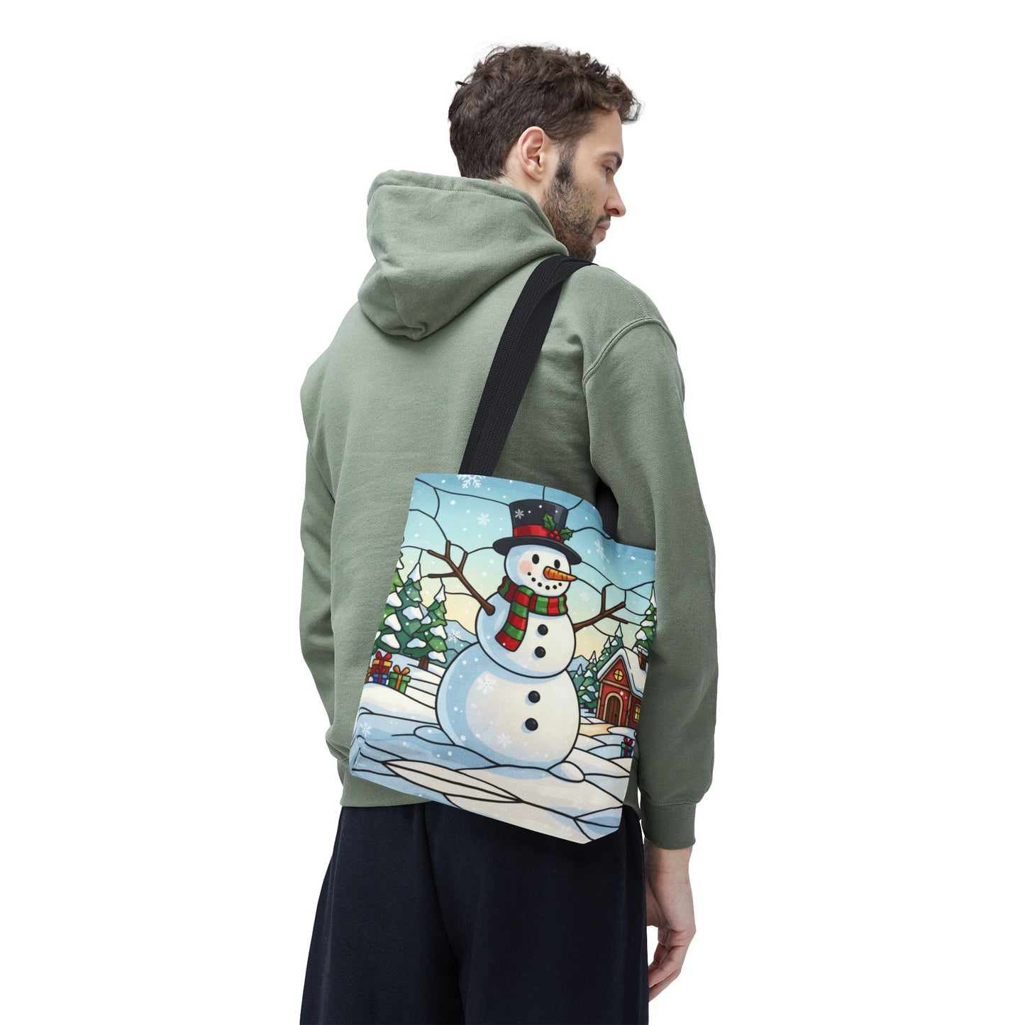 Stained Glass Snowman Christmas Tote Bag, Holiday Art Tote, Festive Winter Gift Bag, Colorful Christmas Scene Reusable Shopping Bag