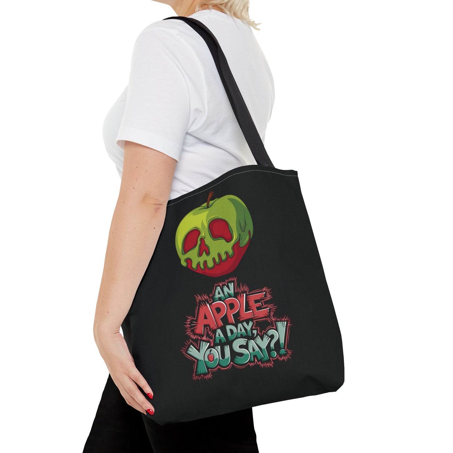 Spooky Halloween Tote Bag – Poison Apple Design – Funny Gothic Tote – Trick or Treat Bag – Creepy Apple Pun Gift – Black Tote Bag