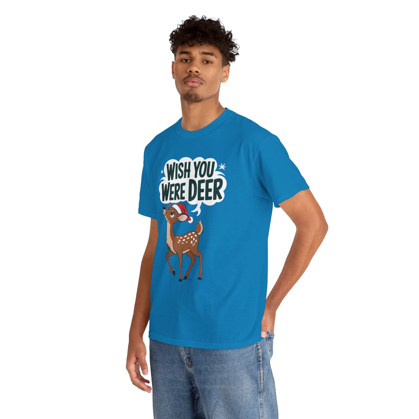 Wish You Were Deer Funny Christmas T-Shirt, Cute Reindeer Holiday Tee, Pun Christmas Shirt, Festive Santa Hat Deer Graphic Tee Gift