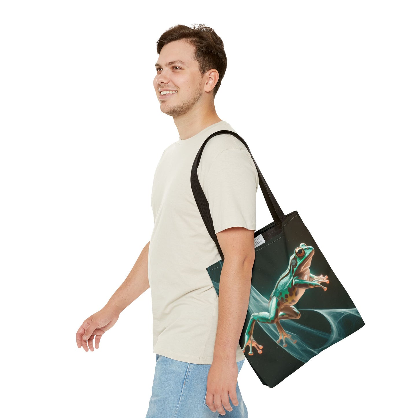 Frog in Motion Tote Bag, Nature-Inspired Green Frog Design Eco-Friendly Shoulder Bag, Artistic Reusable Tote For Everyday Use And Gifts