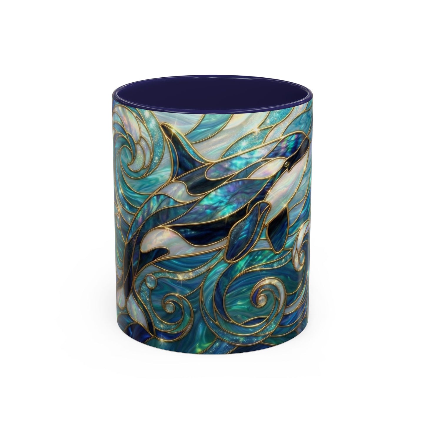 Orca Whale Coffee Mug, Ocean Art Mug, Stained Glass Whale Design, Marine Life Gift, Ceramic Coffee Cup, 11oz 15oz Waves Mug, Coastal Decor