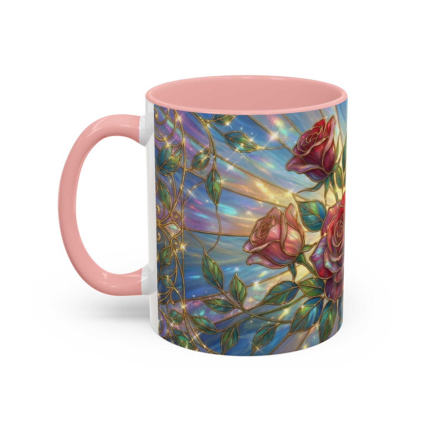 Stained Glass Rose Mug, Floral Art Coffee Cup, Elegant Rose Flower Mug, Blue Gold Glass Style Design, Romantic Gift For Her Decor