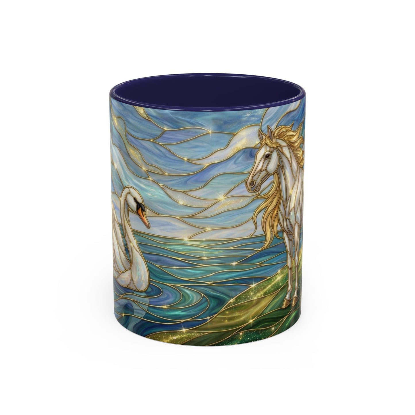 Swan And Horse Coffee Mug, Stained Glass Fantasy Art Mug, Elegant Animal Coffee Cup, Mythical Nature Gift, 11oz 15oz Ceramic Mug