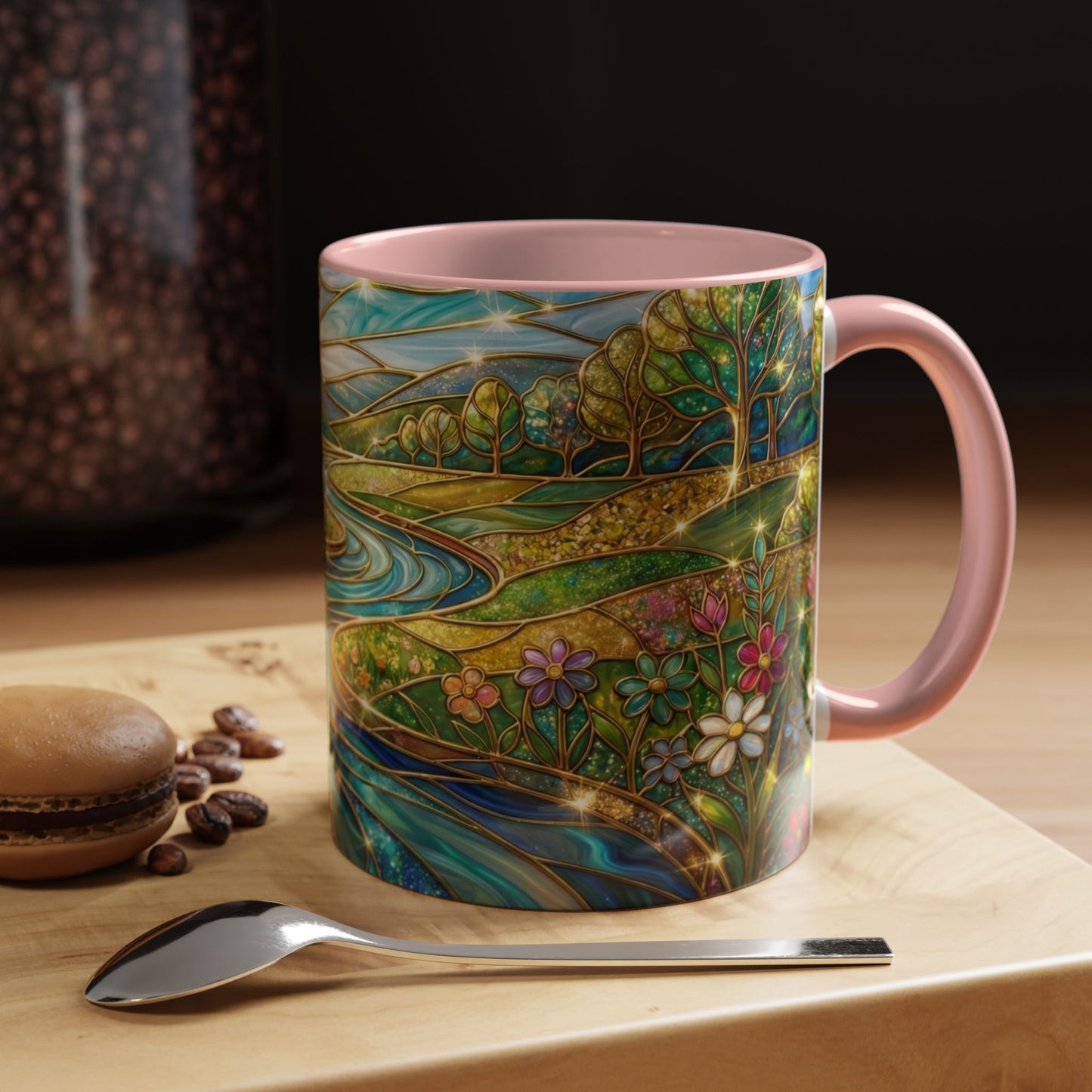 Stained Glass Mug, River Landscape Coffee Cup, Nature Lover Gift, Floral Tea Mug, Gardener Present, Art Teacher Gift, Colorful Scenery Cup