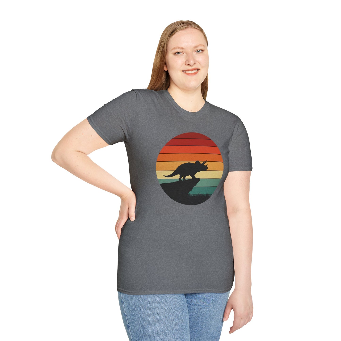 Retro Triceratops Sunset T-Shirt - Vintage Dino Graphic Tee - Unisex Softstyle Dinosaur Shirt - Nature and Prehistoric Lover Gift