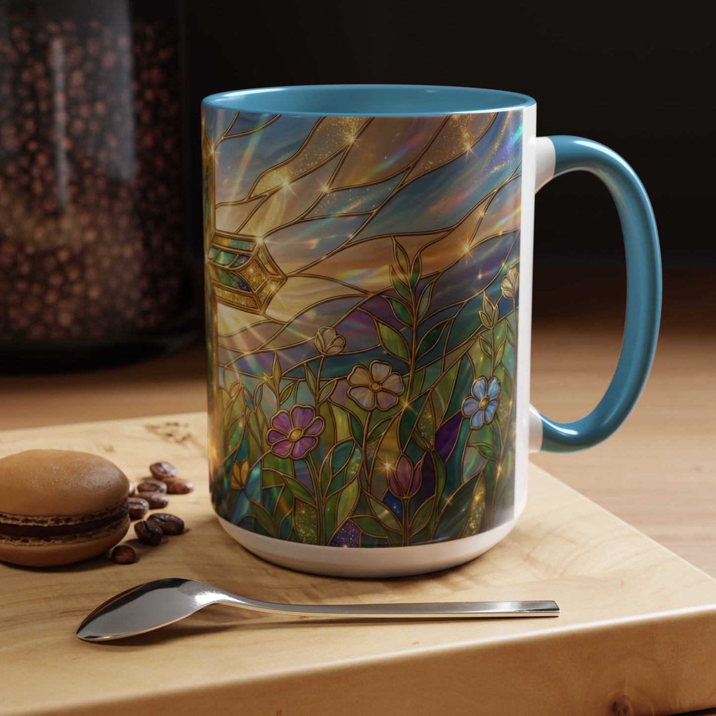Stained Glass Cross Mug, Christian Coffee Cup With Floral Design, Faith Inspired Ceramic Mug, Religious Gift, 11oz 15oz
